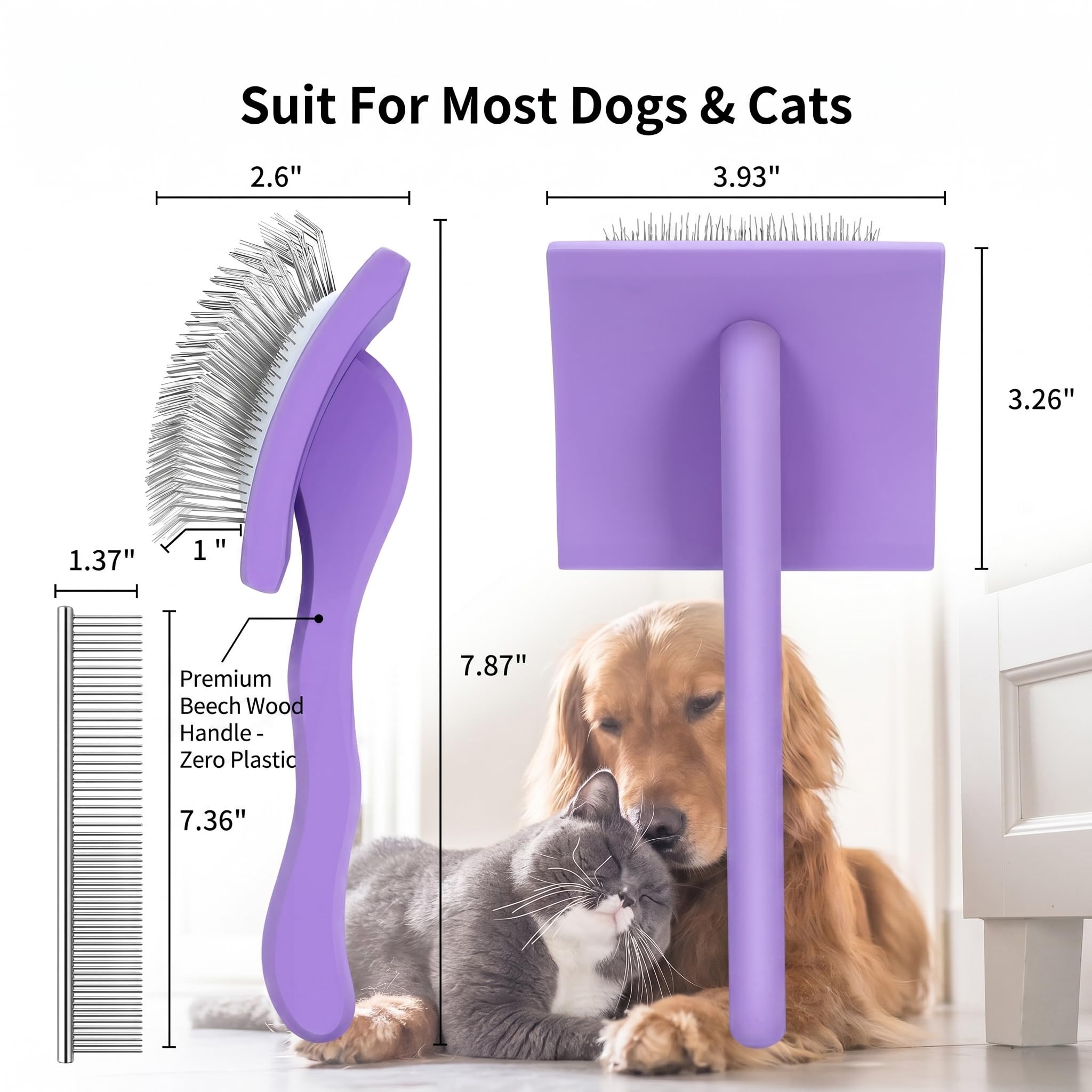 Spazzola per cani per toelettare i capelli, spazzola extra lunga per spargimento di gatti medi e lunghi, strumenti professionali per rimuovere pellicce, viola,pettine per animali domestici gratuito