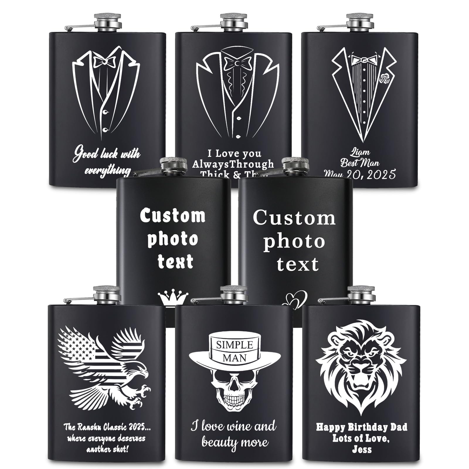 Custom Flask for Men Personalized Flask with Text and Photos, Engraved 8oz Stainless Steel Hip Flask Gift for Women, Fathers, Groomsmen or Bridesmaids (Custom Text)