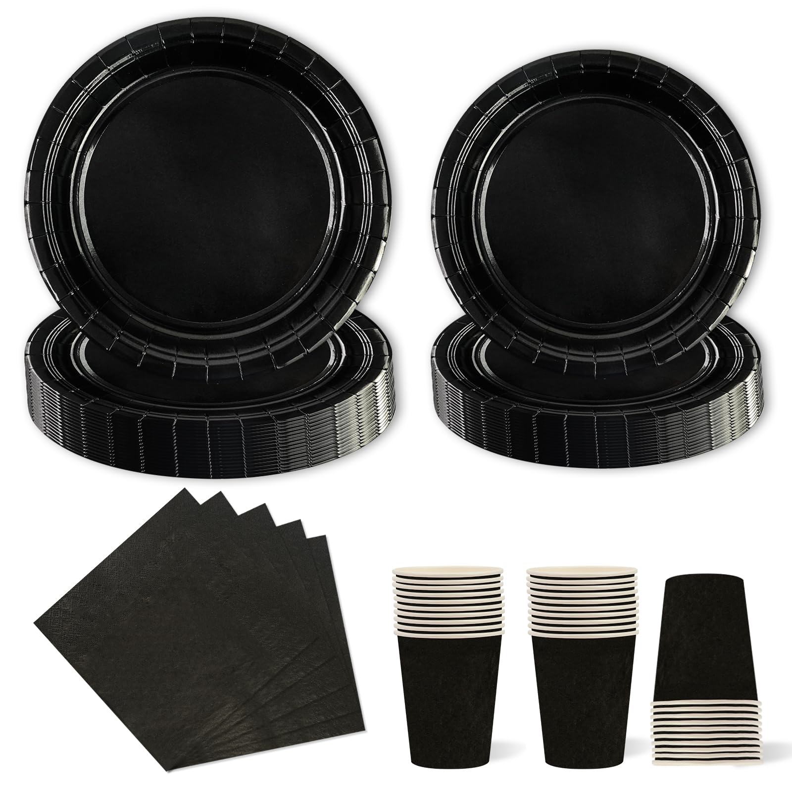96 Pcs Black Paper Plates,Paper Plates Cups and Napkins,Disposable Dinnerware Set for Graduation Holiday Wedding Birthday Party Baby Shower Decorations Serve 24 Guests