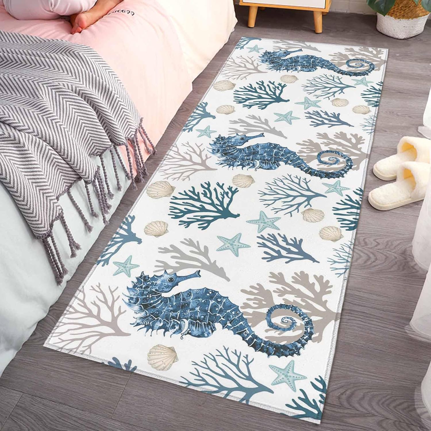 Teamery Kitchen Mats for Floor Ocean Blue Seahorse Coral Washable Non Slip Kitchen Rugs 1PCS, Nautical Seashell Absorbent Standing Mats for Sink Bathroom Office Living Room 15.7x47.2in