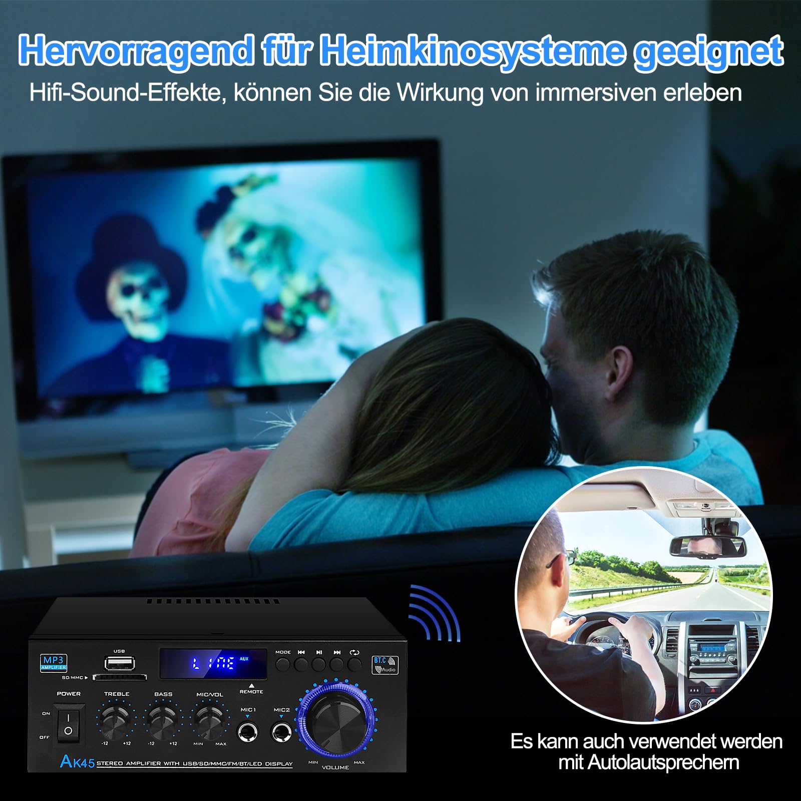HIFI-Amplificateur,600W Mini récepteur amplificateur audio stéréo Bluetooth,AK45 2-canaux numérique amplificateur audio 12V/220v avec Radio FM,entrée de carte SD/USB pour la maison ou la voiture