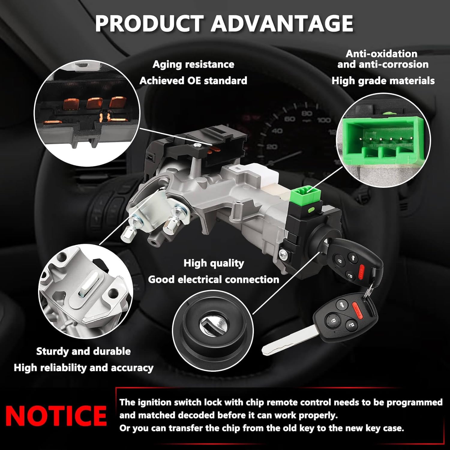 RAMATA Ignition Switch Lock Cylinder with Key (with Blank Chip) Compatible with 2003 2004 2005 2006 2007 Honda Accord (Ignition Chip: 48,Frequency: 315mHz)