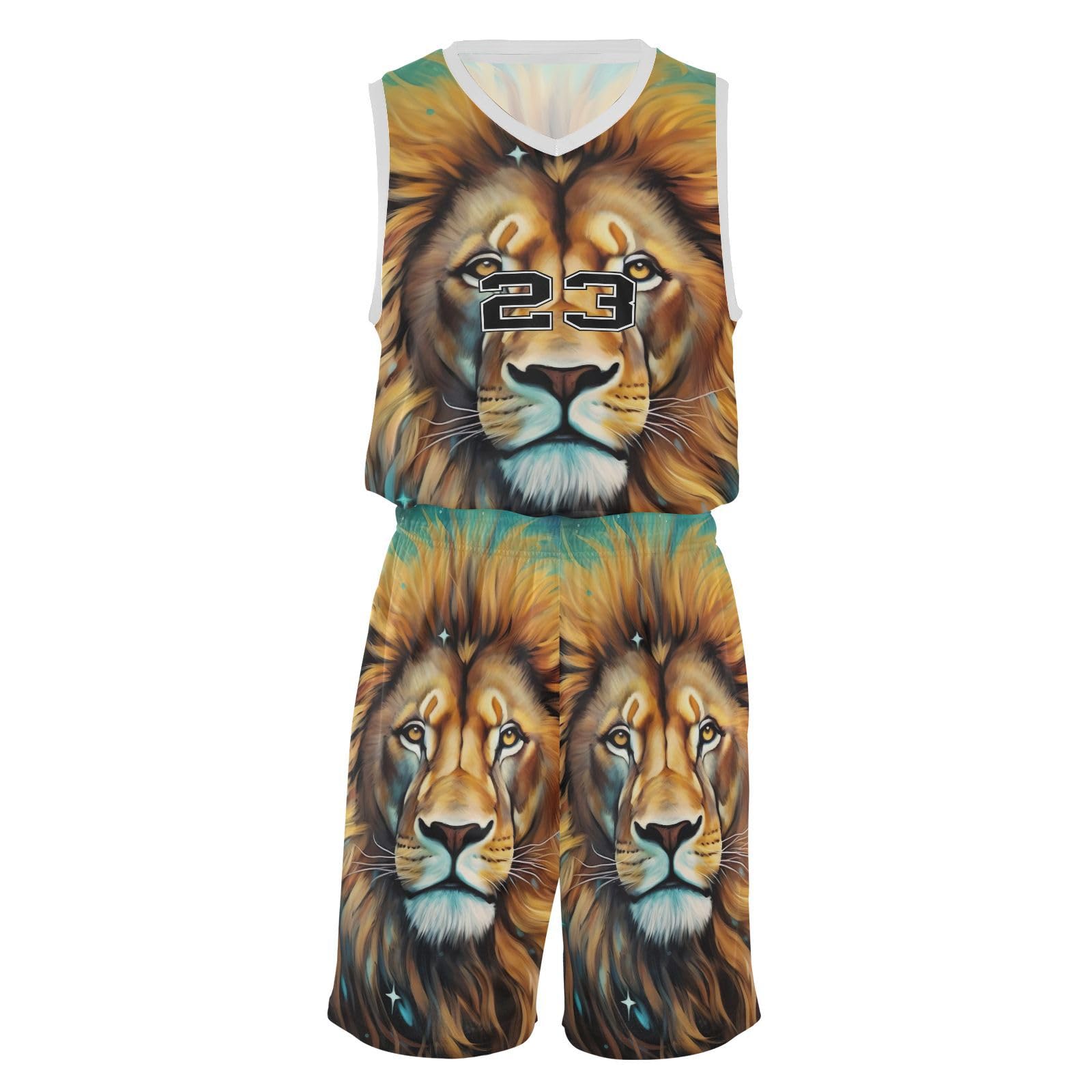 FLildon Lion Head on Starry Boys Basketball Jersey Set Tank Top Shorts Tracksuit Sport Training Suit for Kids, XL