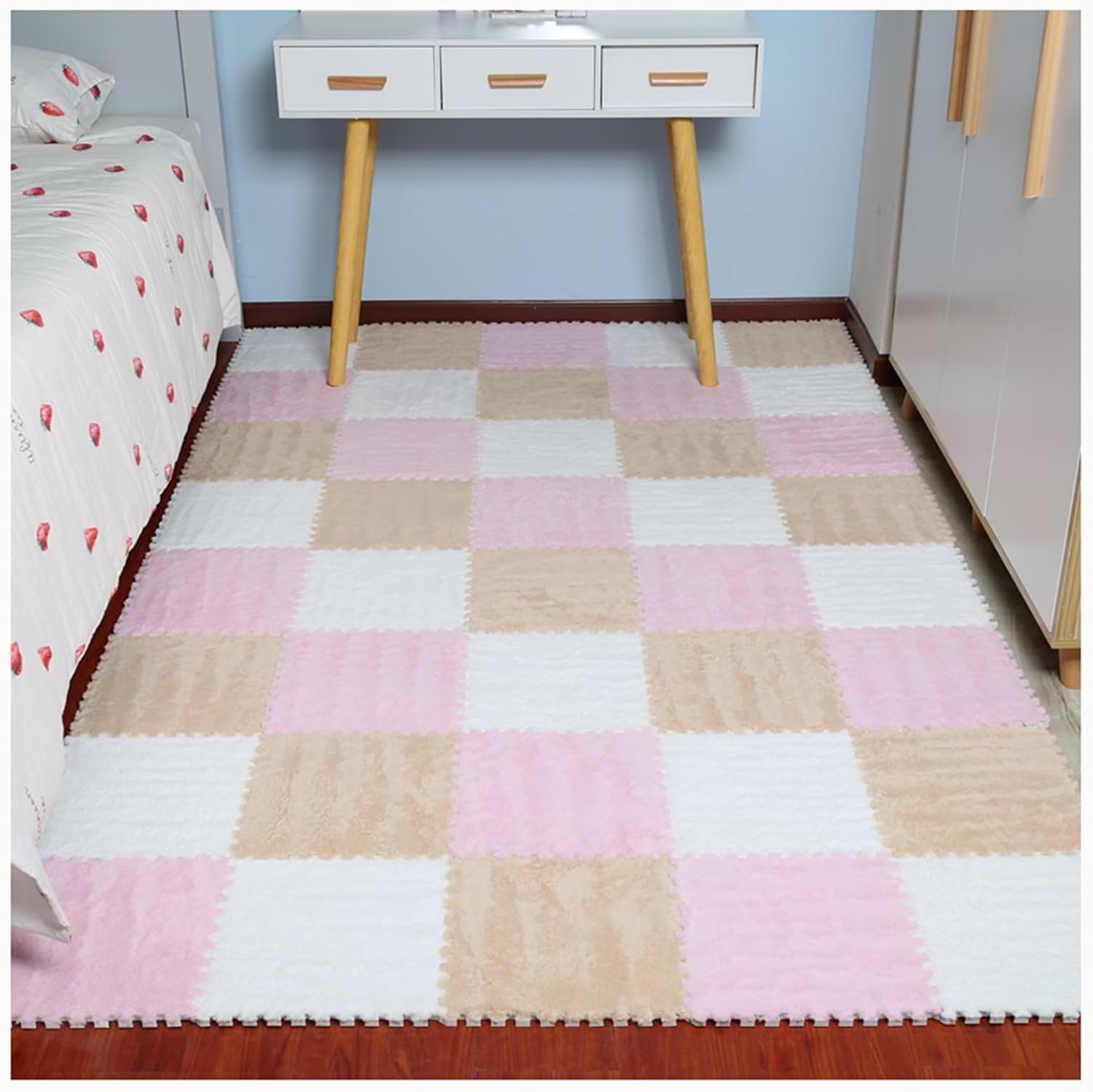 20pcs Square Fluffy Interlocking Carpet Tiles for Parlor Bedroom, Plush Puzzle Foam Floor Mat 12x12in Mats(Light Brown+Pink+White)