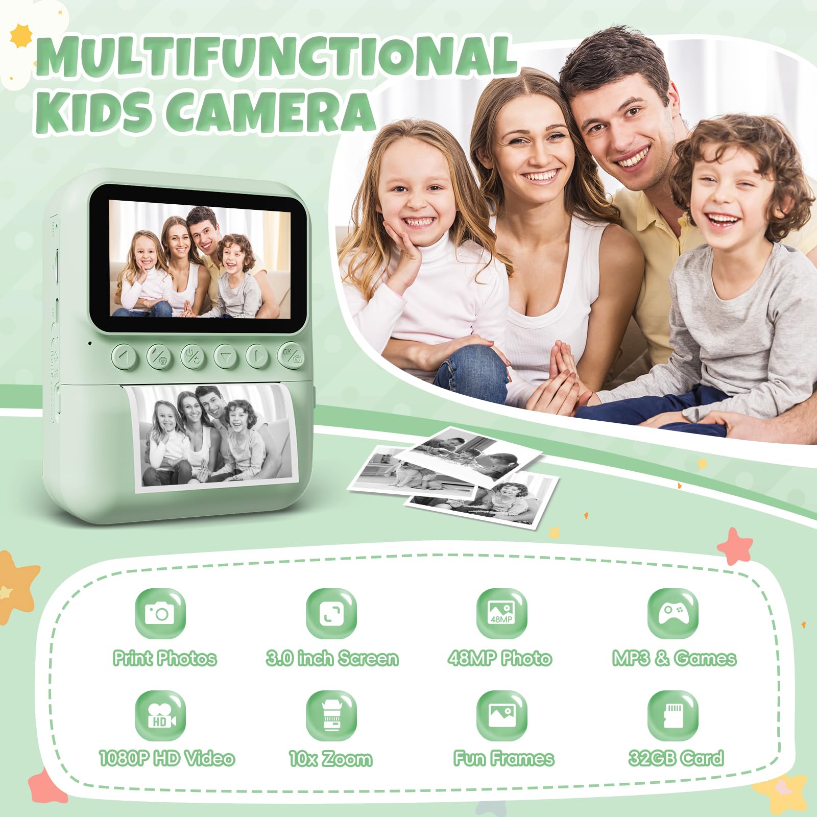 CalineGam Macchina Fotografica Bambini Istantanea, 3,0'' Schermo HD 48MP Fotocamera Digitale Bambini con Scheda da 32GB, Camera Giocattolo Regalo per Ragazzi e Ragazze dai 3 ai 12 Anni (Verde)