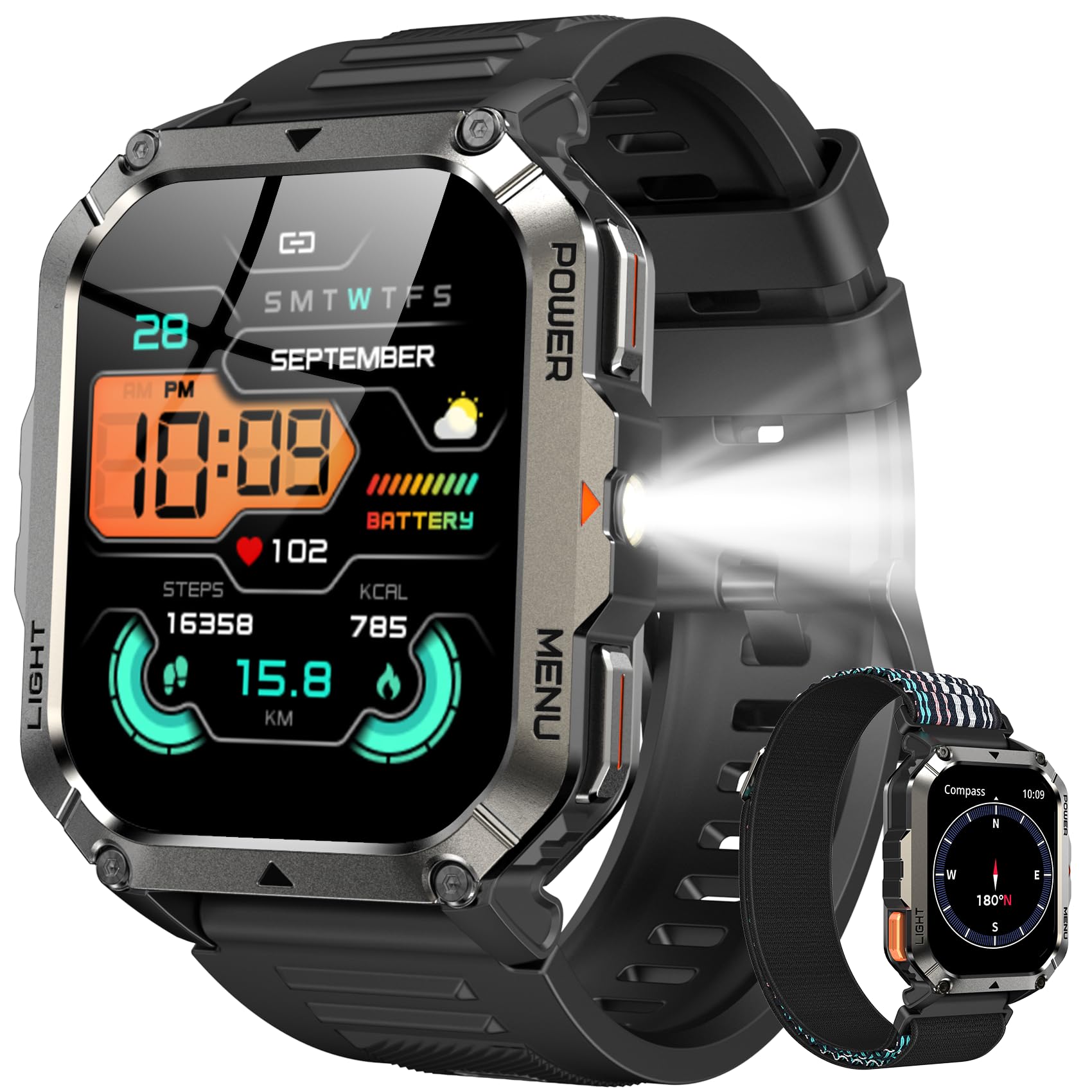 IOWODO Smartwatch Uomo Militare 2.01" con Chiamate Bluetooth, Batteria 900mAh, Torcia LED, Bussola, IP68 Impermeabile, Monitoraggio Cuore/Ossigeno nel Sangue/Sonno, 123 Modalità Sportive, 2 Cinturini