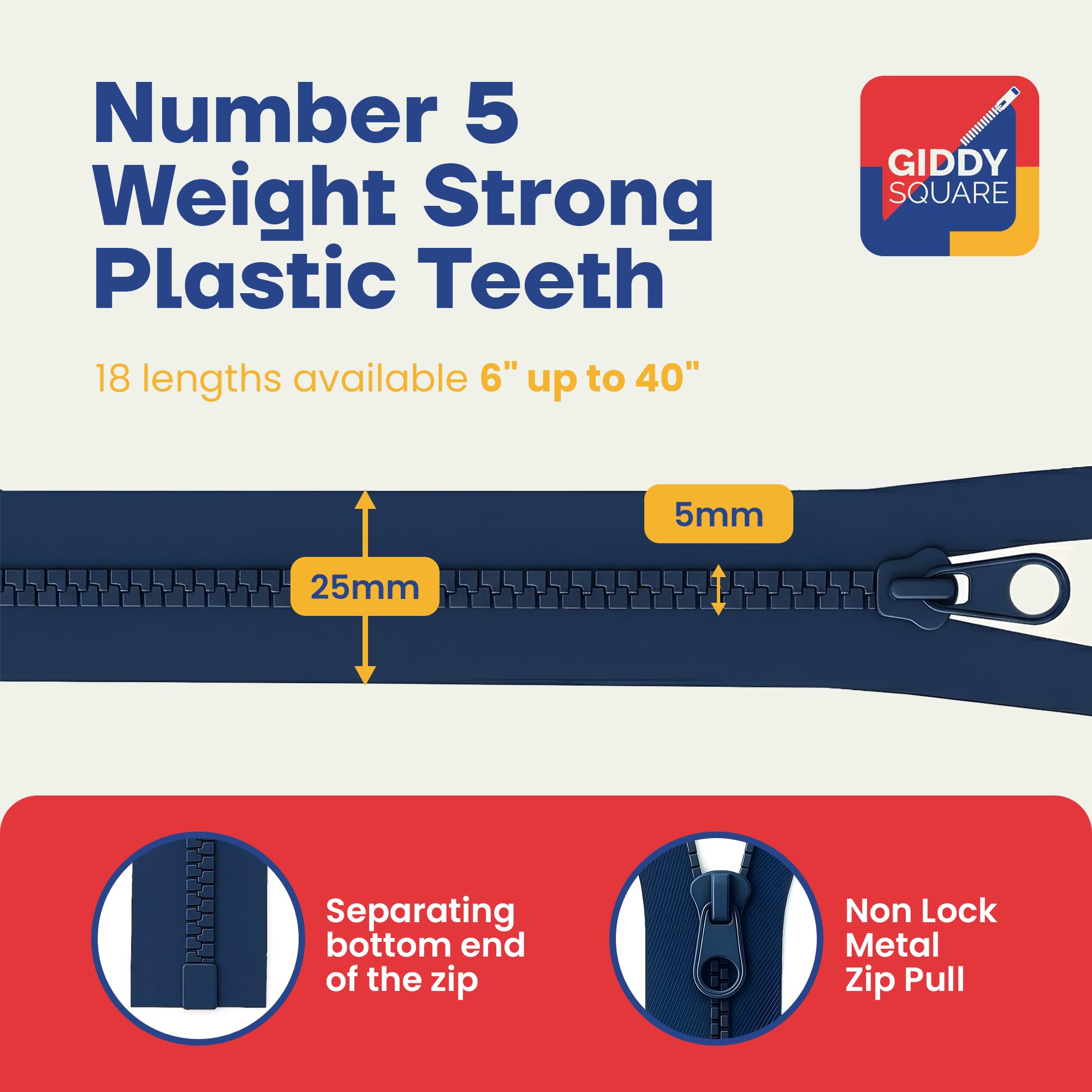 The Giddy Square Open-Ended Chunky Zip in Olive features robust plastic teeth for demanding sewing projects.