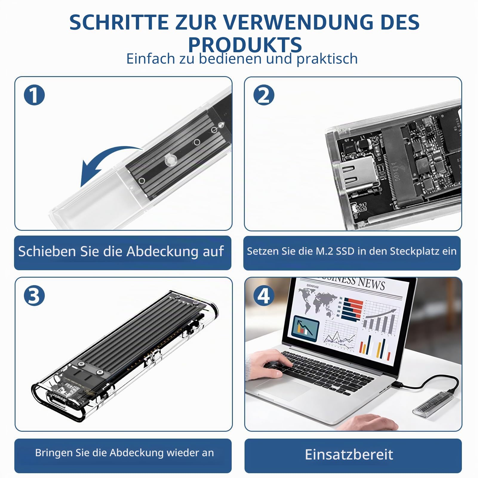 M.2 SSD Gehäuse SATA NGFF USB C, Nicht kompatibel mit NVME oder PCIe M-Key-SSDs, M.2 SATA Adapter für B / B+M 2230 2242 2260 2280, Gehäuse USB 3.1 Gen1 5 Gbit/s für M.2 SSD NGFF Festplatte