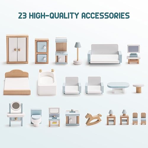 Miniatura 5 de ROBOTIME Juego de muebles de madera para casa de muñecas, 23 piezas de accesorios y muebles para casa de muñecas, juguetes de juguete, regalo para