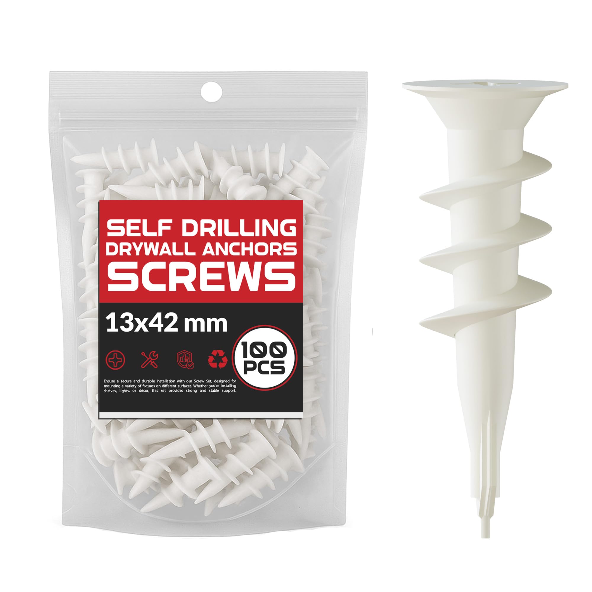 Pack of 100 Self Drilling Drywall Anchors 13 x42mm Philips Pan Head Self Tapping Screws for Gypsum Boards & Drywalls or Plasterboard -Heavy Duty Hollow Wall Anchor white colour