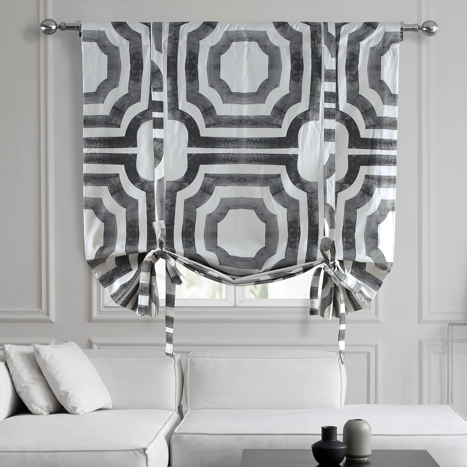 HPD Half Price Drapes Room Darkening Tie Up Curtains 46 X 63 Inch Mecca Printed Cotton Window Roll Up Balloon Curtain for Living Room, Kitchen PRTW-TUD23A-63 (1 Panel), Mecca Steel