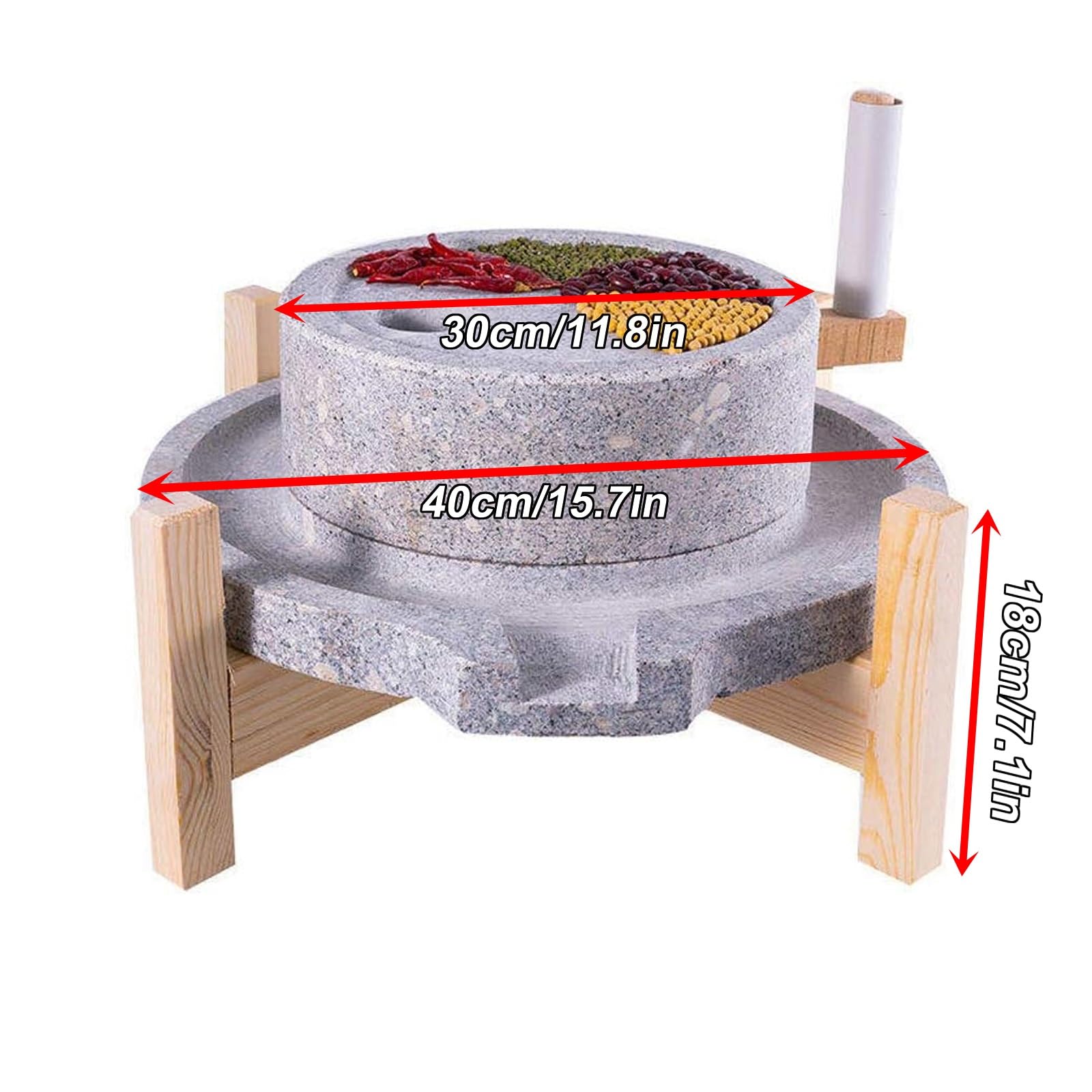 Moulin à pierre manuel pour broyage des aliments secs et humides, cadre en bois avec embrayages de restauration, 25 cm, idéal pour enseigner et visualiser, chanvre ancien style vert graphite