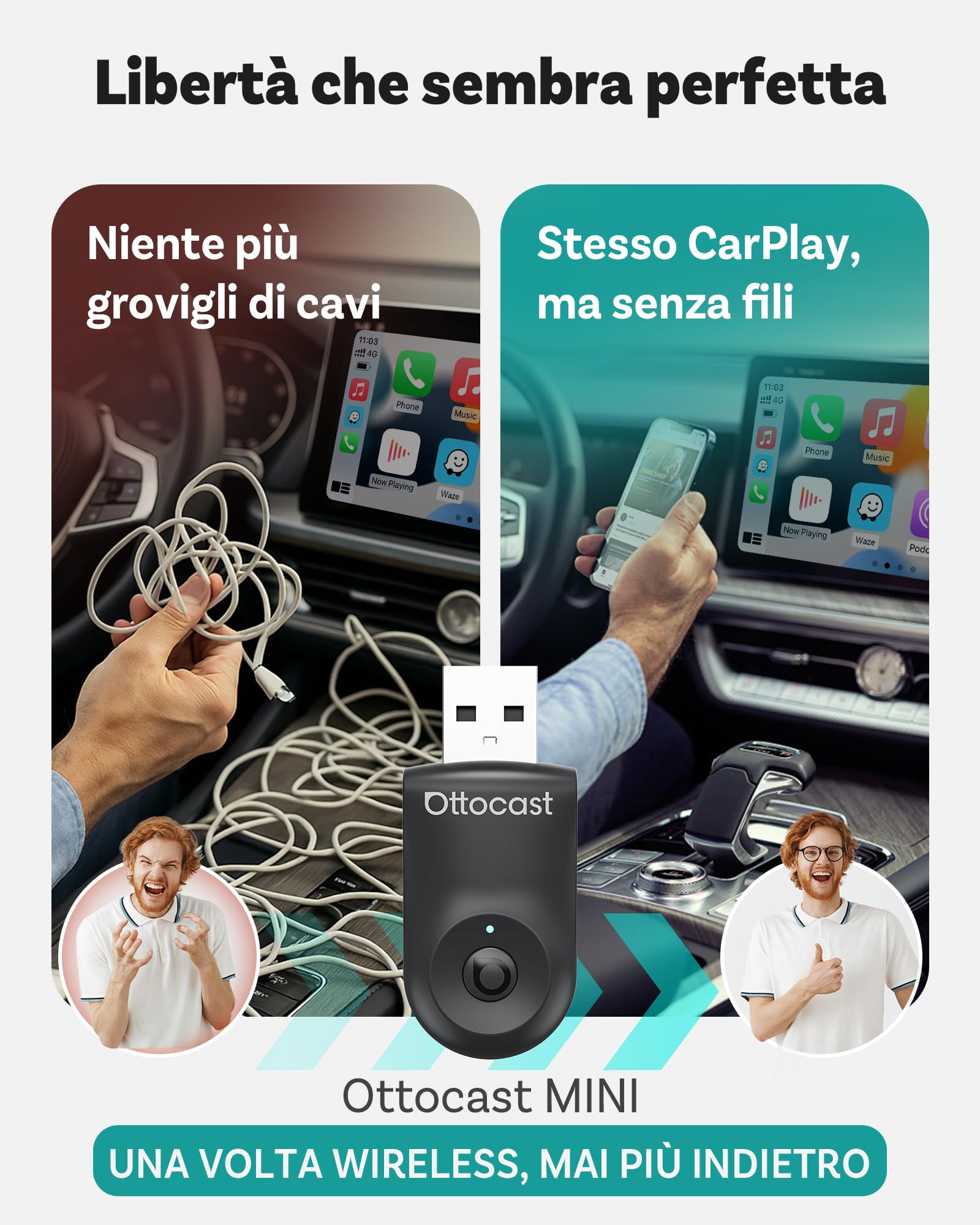 OTTOCAST Nuovo 2025 Mini Flow – Adattatore CarPlay wireless & Android Auto, Dongle 2-in-1, Plug & Play, Ultra Compatto, Compatibile con iPhone & Android, Per auto dal 2016 (Non per BMW/Tesla)
