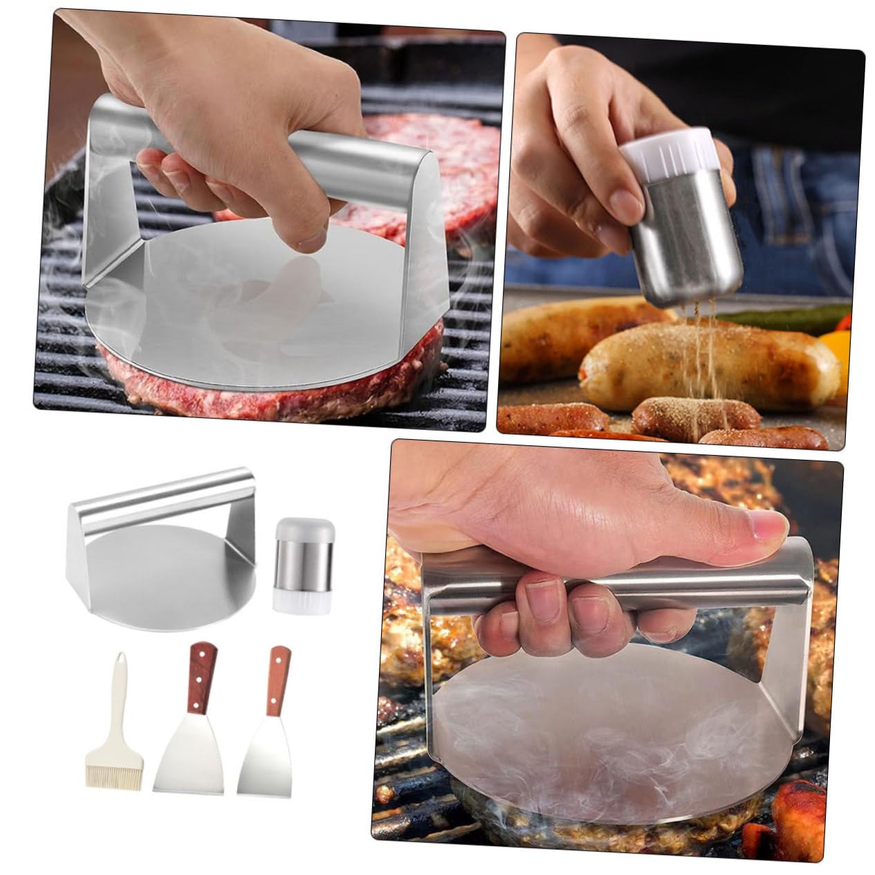 Alipis Kit Pressa Carne in Acciaio Inossidabile per Barbecue Esterno Accessori per Grigliare 5 Pezzi