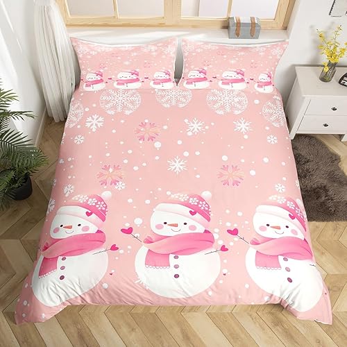Manfei Kawaii Snowman Duvet Cover Set Full Size, Cute Pink White Snowflake Comforter Cover with 2 Pillowcases, Christmas Theme Bedding Set 3pcs for