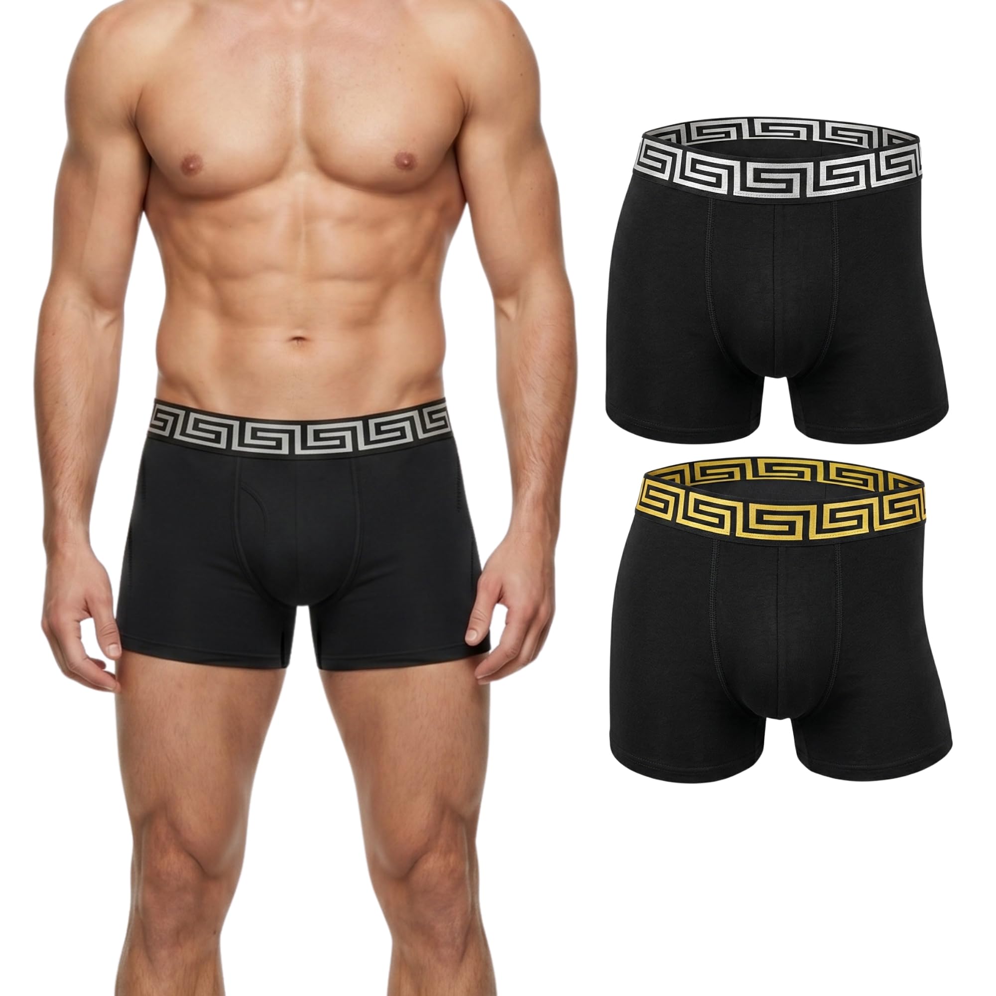 Men Boxer Briefs Multipack, Men Trunk Underwear with Metallic Greek Pattern Waistband, Breathable Men Underpants for Gym Sports Daily Wear (UK, Alpha, S, Regular, Regular, 3, Assorted Colours)
