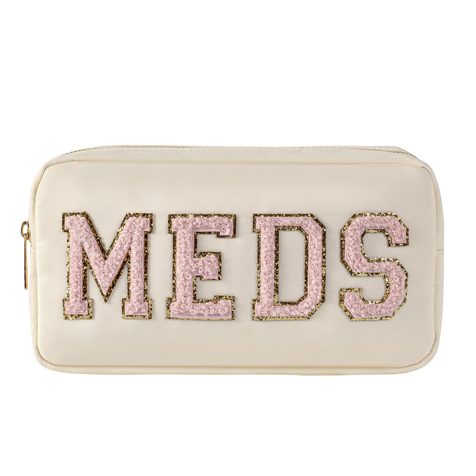 uekeboag Personalized Chenille Letter Patch MEDS Bag,Cute Nylon Drug Medicine Travel Makeup Bag with Zipper, Preppy Vitamin Organizer Bag for Women