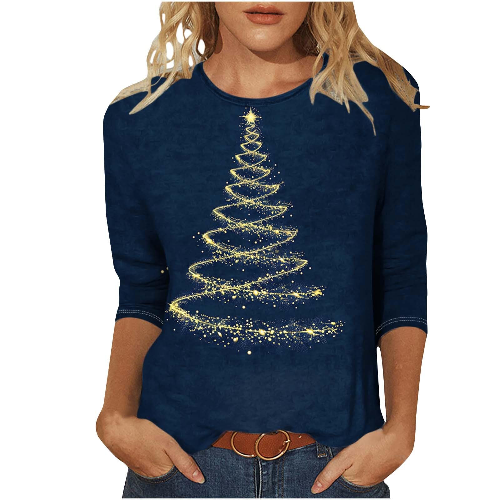 T-shirt Femme Noël - Manches 3/4 - Imprimé Sapin De Noël - Confortable Et Décontracté