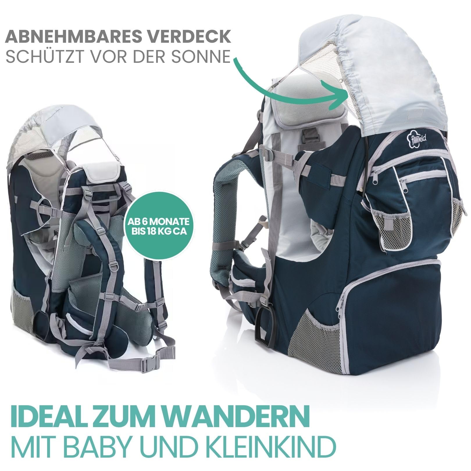 Fillikid Rückentrage - Rücken Babytrage mit Sonnenschutz, Gurt, Kinder Rucksack und Staufächern - Kraxe zum Wandern mit Baby und Kleinkind, bis 18 kg - Blau Grau