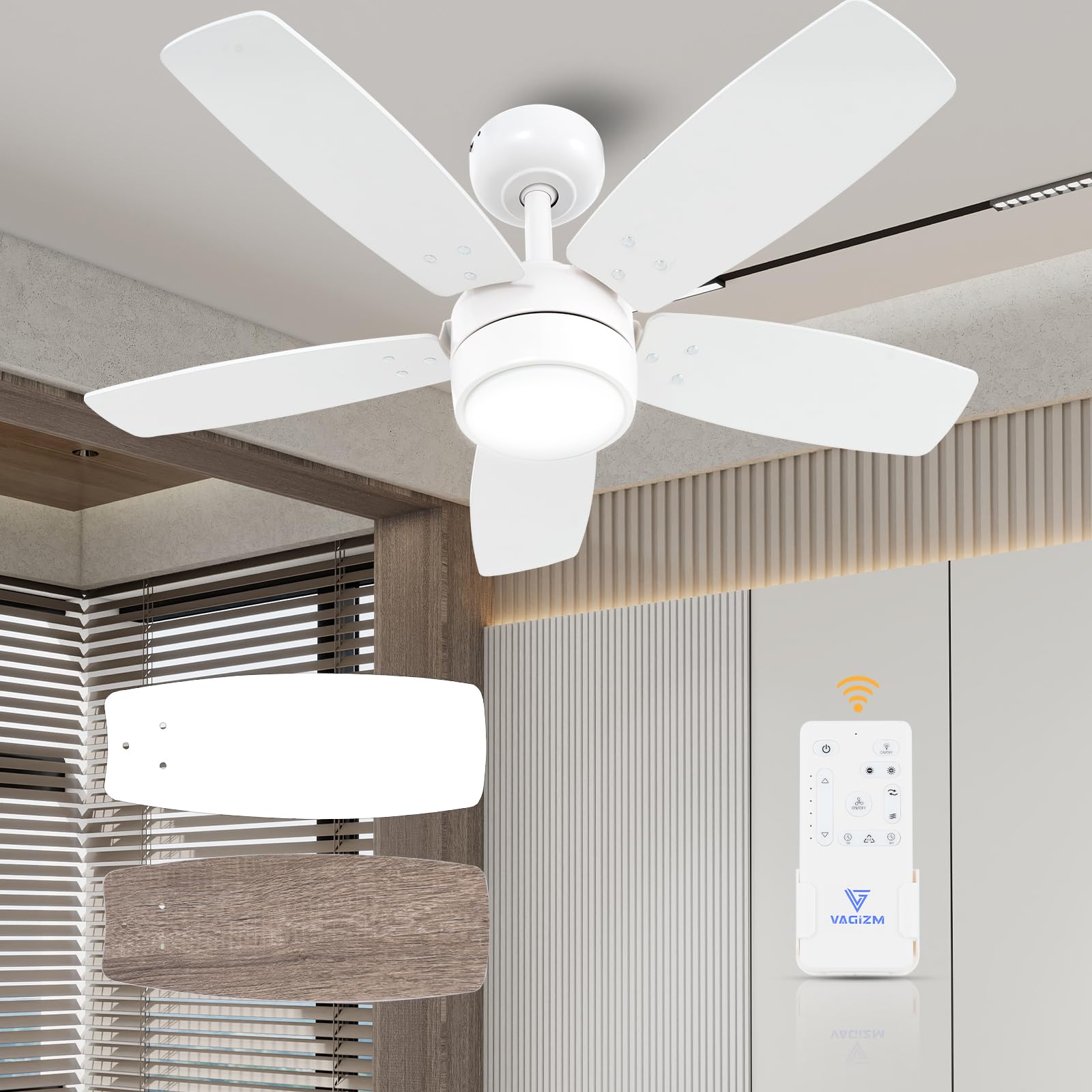 Vagizm Ceiling Fan 36''(91CM) for Small Room: Modern Matte White with Dimmable Light Remote Control - Reversible Quiet with 6 Speeds for Small Bedroom - 230V