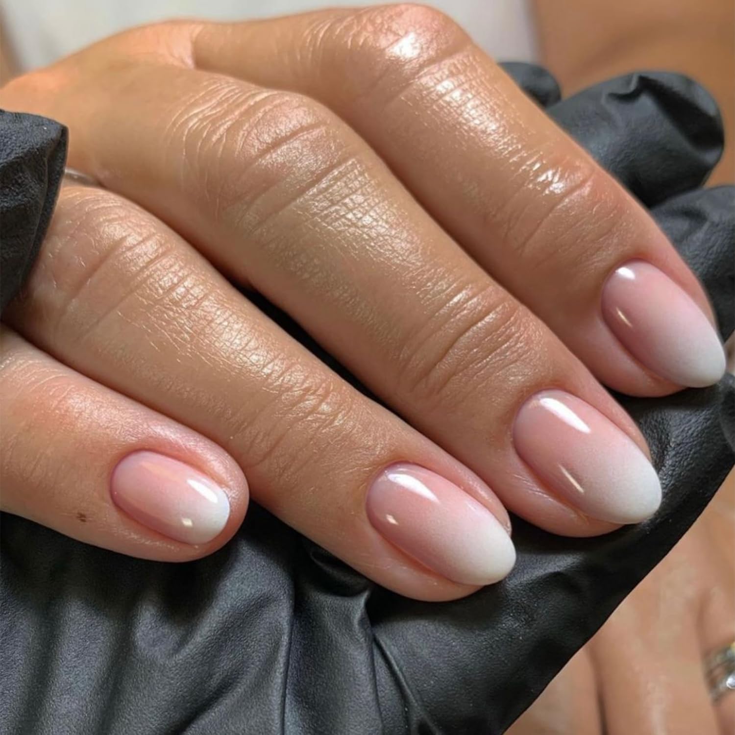 SXVME Ombre French False Nails Short Oval, Gradient Pink Full Cover Fake Nails Almond - Image 2