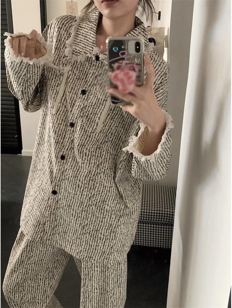 JSEIAJB Long Sleeved Pajamas Autumn Women's Casual Striped Cardigan Home Suit(Medium)