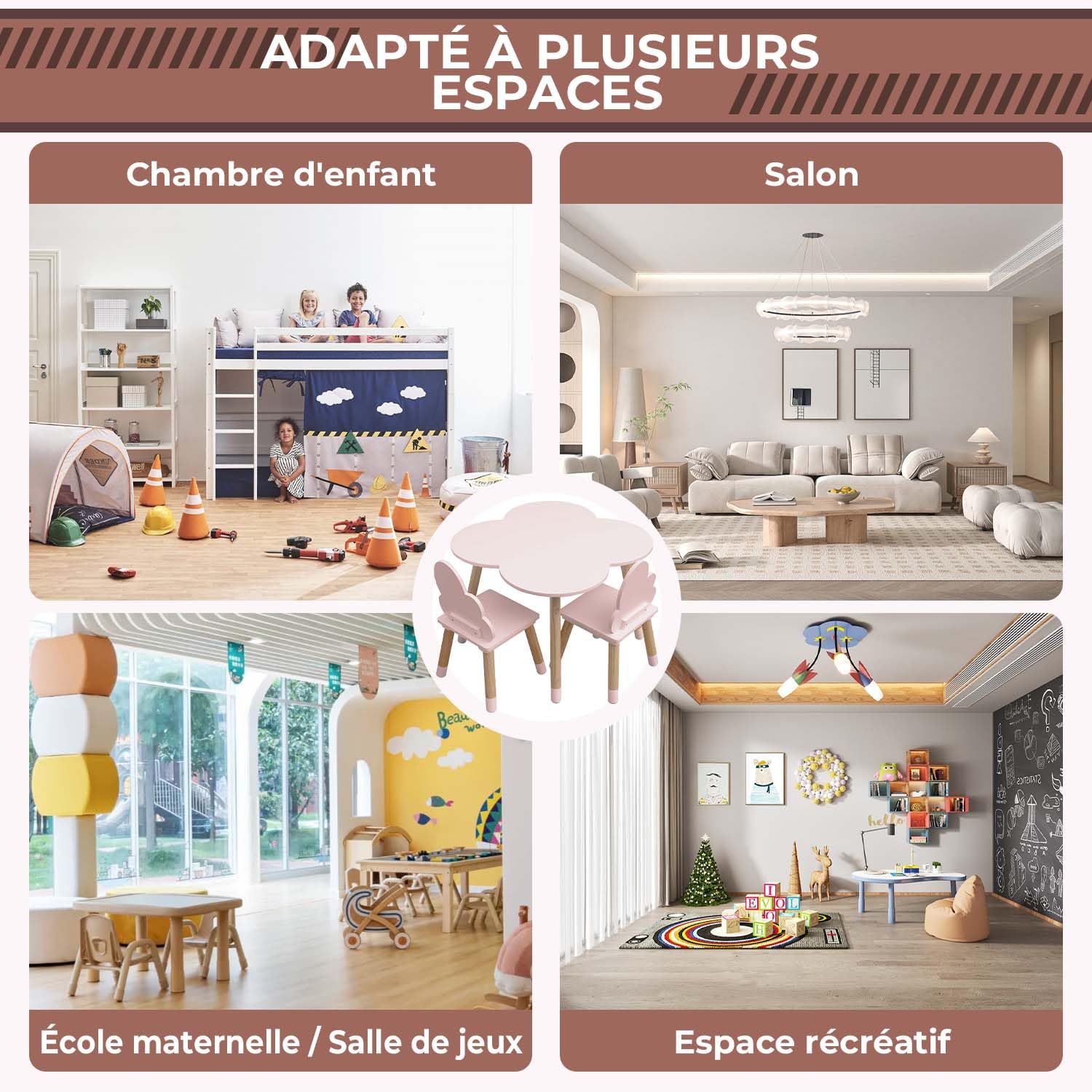 Rebecca Mobili Ensemble Table et 2 Chaises pour Enfants, pour la Décoration de la Chambre des Enfants, Rose Marron, MDF Pin - Dimensions : 44 x 60 x 60 cm / 50 x 25 x 25 cm - Art. RE6899