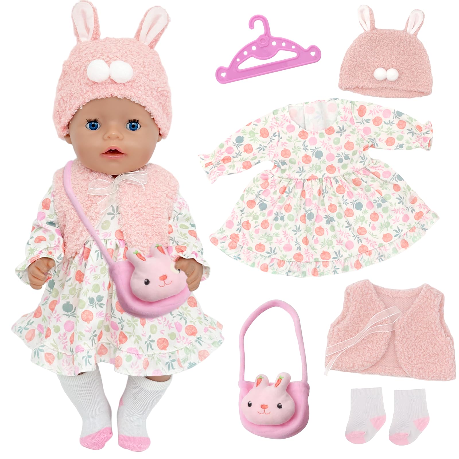 6 Pcs Baby Doll Clothes for 14-17 inch Sweet Baby Dolls 35-43cm New Baby Doll Outfits with Dress Vest Plush Hat Bunny Bag Socks Hanger New Dolls Clothes Accessories Birthday Gift for Girls Boys