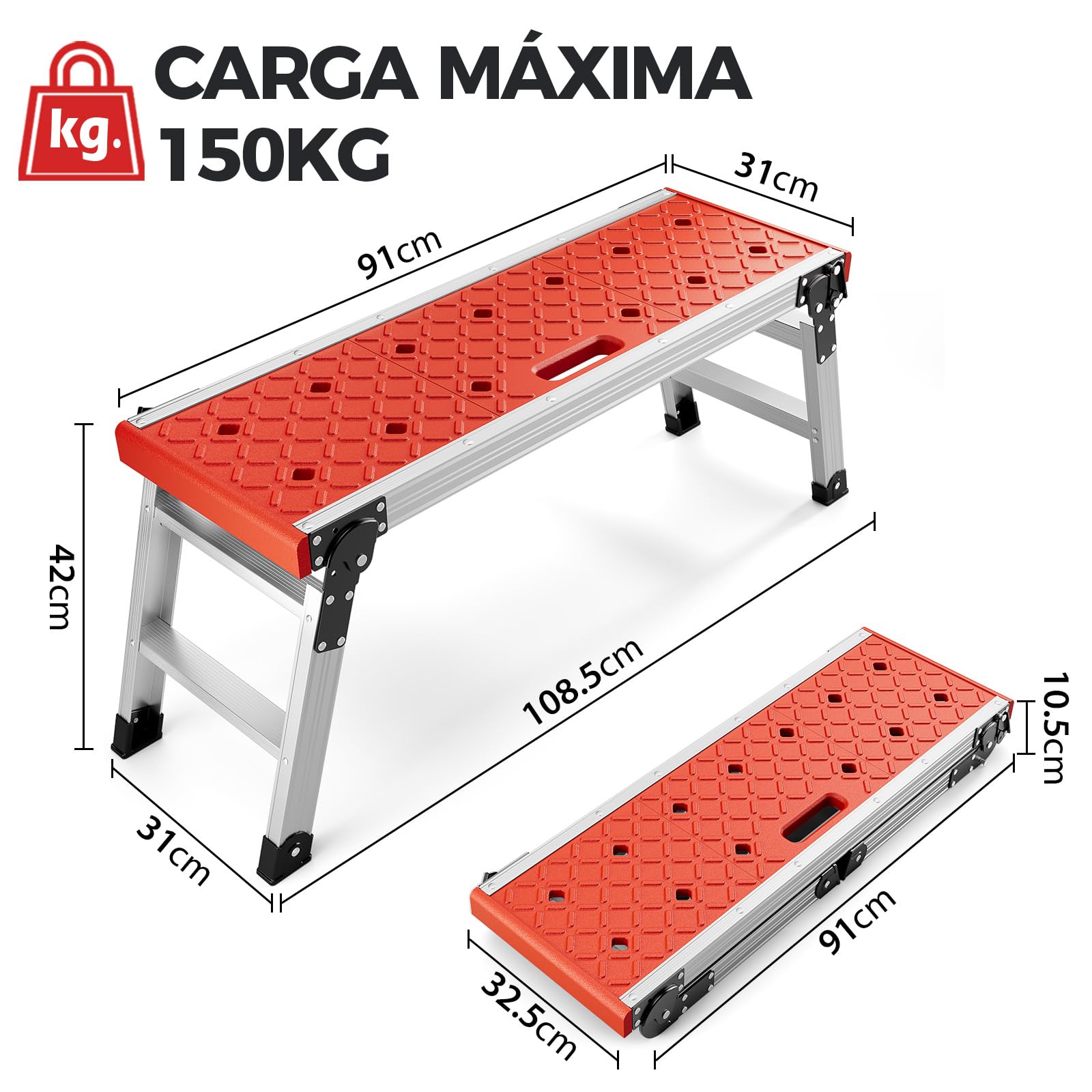 KINGRACK Plataforma de Trabajo Plegable de Aluminio, Escalón Taburete con Bloqueo de Seguridad y Pies Antideslizantes, Escalera de Mano para Hogar, Garaje y Taller, Soportar 150KG, Avance