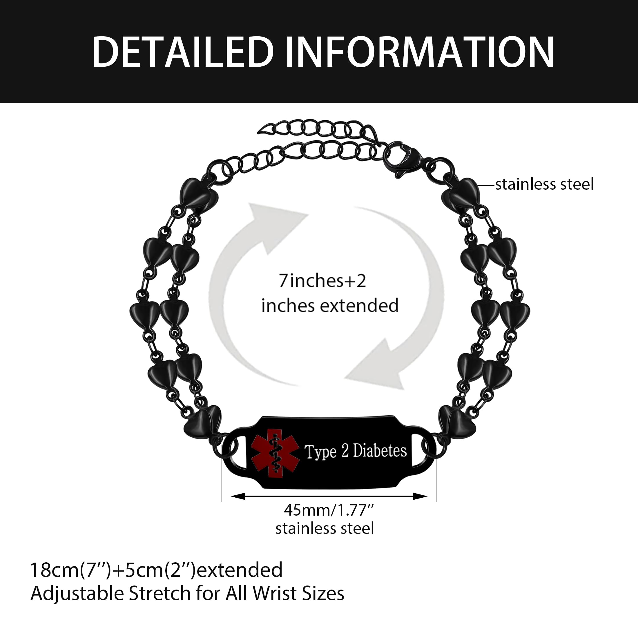 YA5199 Bracelet d'identification médicale d'urgence double brin réglable en forme de cœur étanche pour homme Noir en acier inoxydable