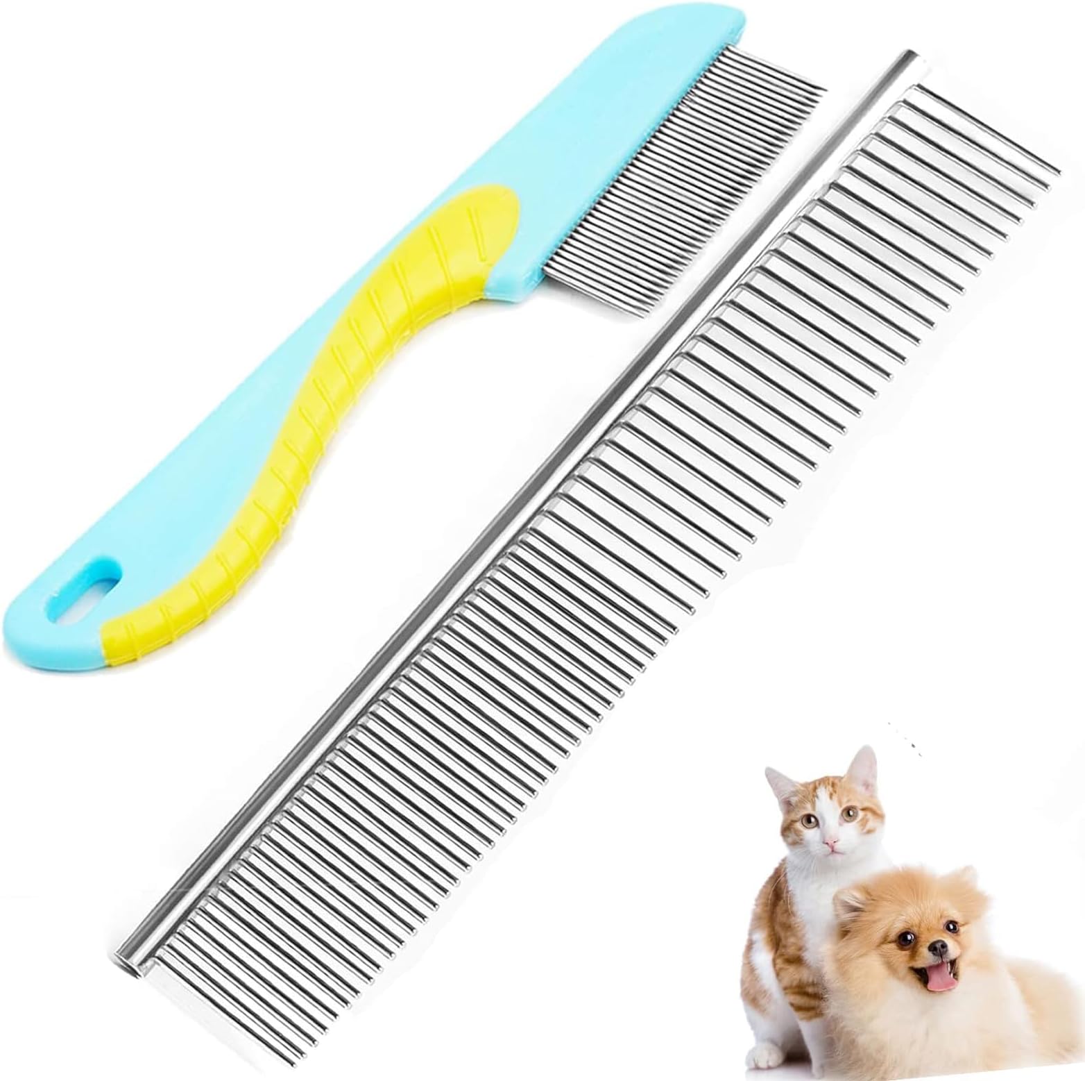 FENDOUNIU Dog Combs Cat Combs , Pets Flea Comb with Smooth Rounded Teeth, Pets Fur Comb with Half Dense Teeth and Half Wide Teeth, Stainless Rounded Teeth for Removing Flea Tangle and Knots (2 Pcs)