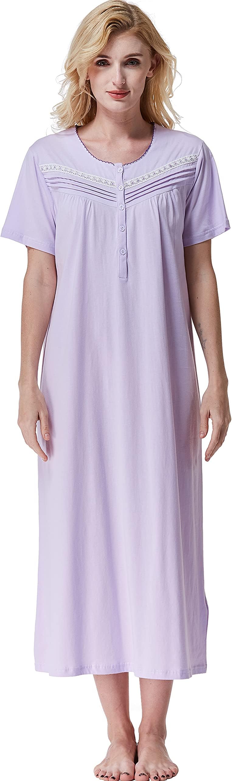 Keyocean Women Nightgowns, Soft 100% Cotton Short Sleeves Comfy Ladies Nightdress