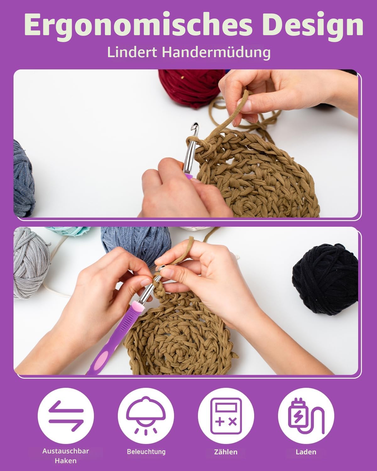 Beleuchtete Häkelnadeln Set-18 Größen Digitale Häkelnadeln mit Zähler 2,0~14,0mm, Ergonomische Häkelnadeln Beleuchtete Häkelnadeln für Stich- und Reihenzählung