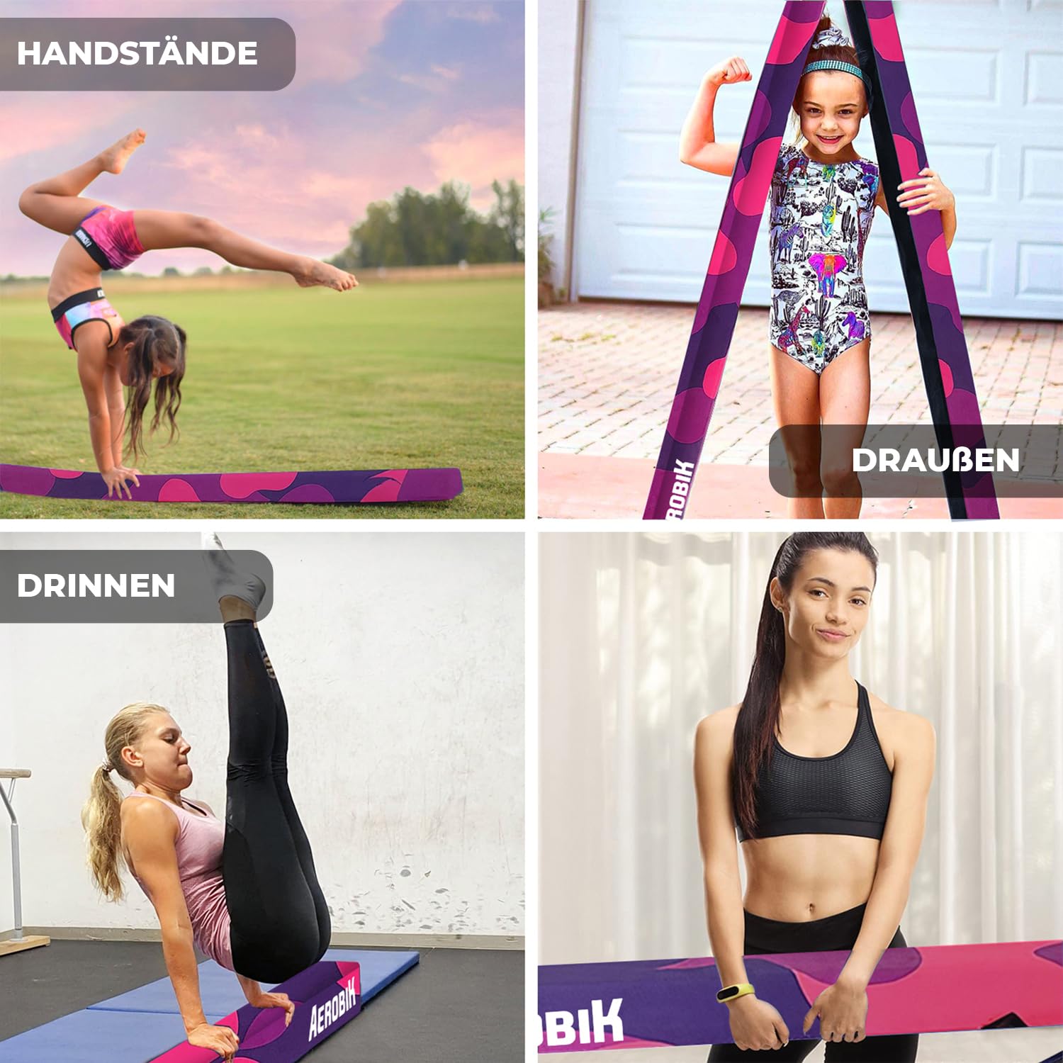 Aerobik | Klappbarer Schwebebalken 240 cm Violett | Stabil, rutschfest & Waschbar | Für Kinder & Erwachsene | Inklusive Gymnastikband | Original Corner