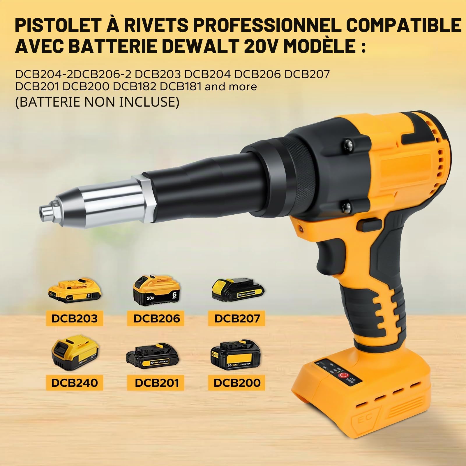Pistolet à riveter professionnel pour Dewalt 20 V - Pistolet à riveter électrique haute performance pour métal, plastique, cuir (piles non incluses)
