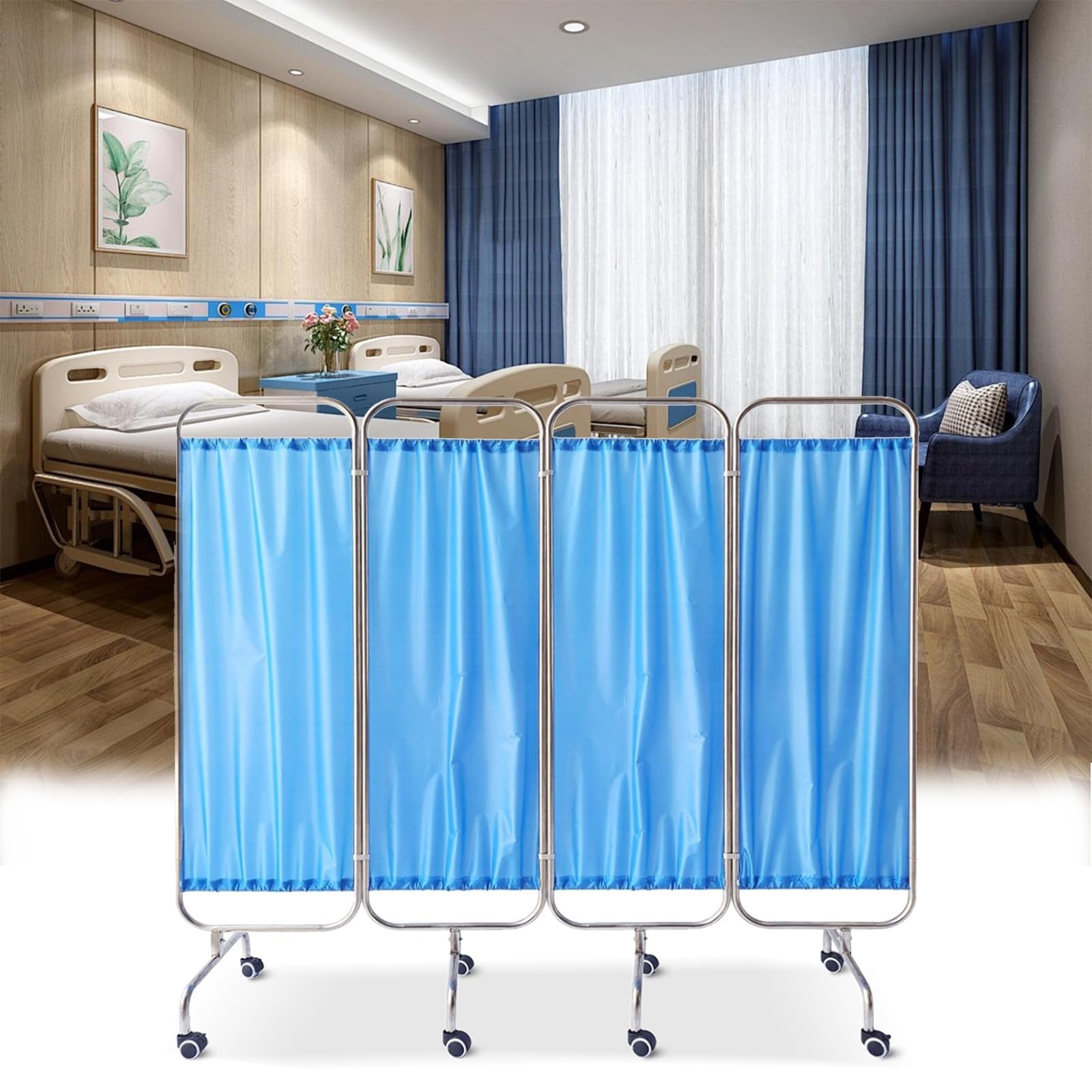 Paravento Medico Per La Privacy, Paravento Pieghevole Con Ruote, Divisorio Pieghevole Per Ambulatori, Ospedali E Case Di Cura, Struttura In Acciaio Inossidabile(Blue,4 Panels)