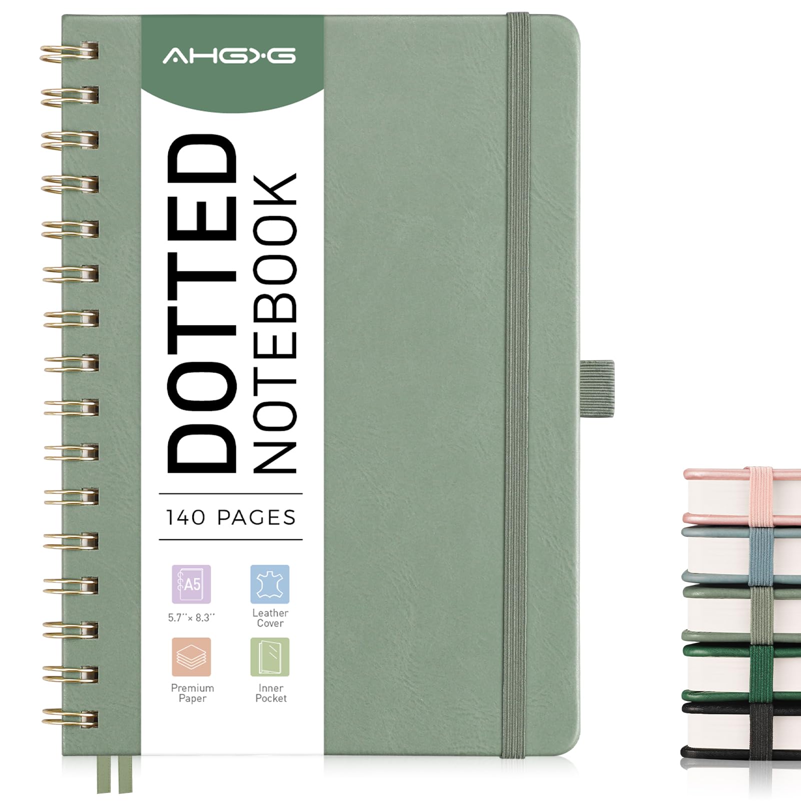 AHGXG Dotted Journal Spiral Notebook, Hardcover Leather Dotted Notebook 140 Pages, A5 Dot Grid Paper Notebook, 100 gsm Thick Paper, for Dotted