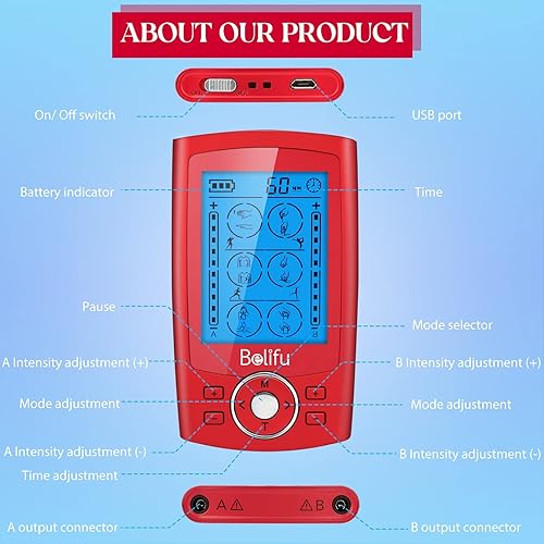 Miniatura 10 de Belifu Unidad TENS EMS de doble canal con 12 almohadillas, estimulador muscular de 24 modos, masajeador muscular electrónico de pulso para terapia