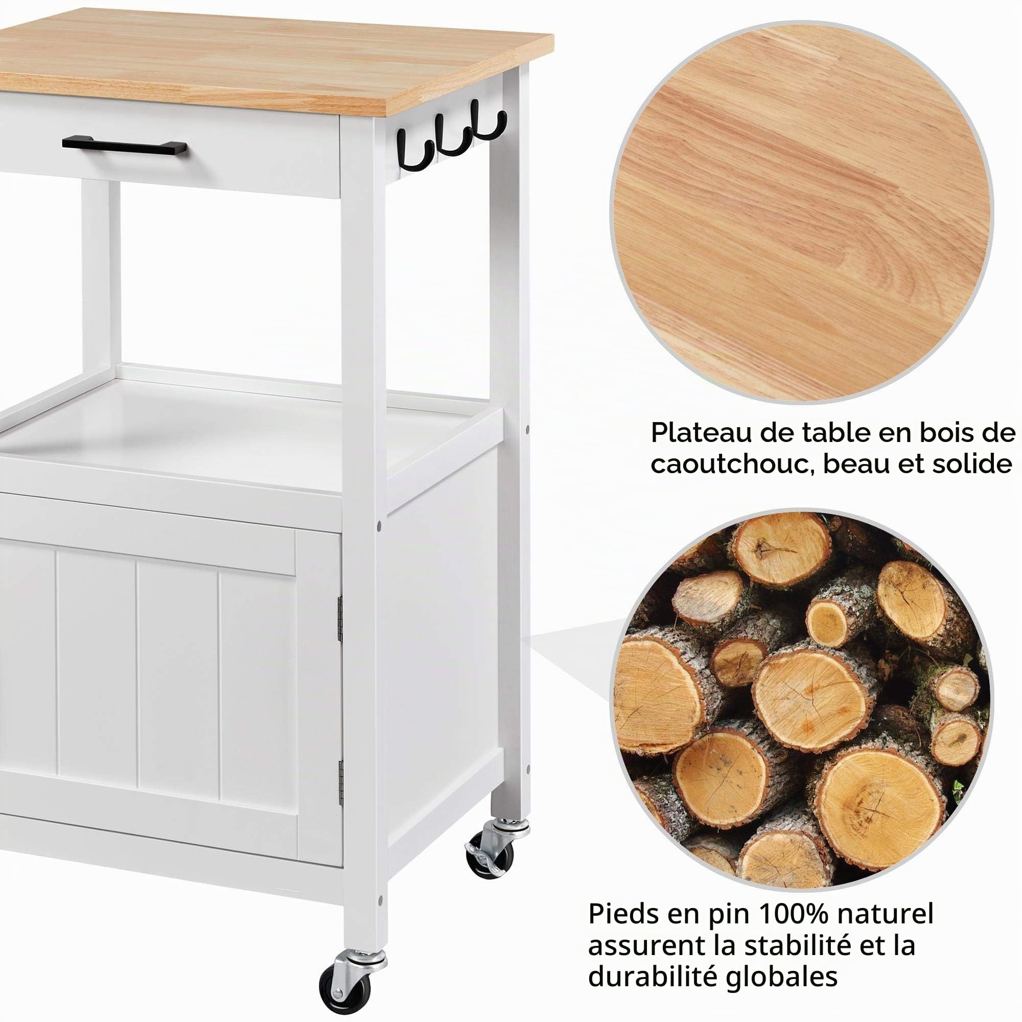 Yaheetech Desserte de Cuisine sur roulettes en Bois Chariot de Service Blanc avec 1 Tiroir/3 Crochets/1 Placard/1 Compartiment Ouvert/Meuble de Rangement Roulant pour Cuisine Bar Restaurant Salon