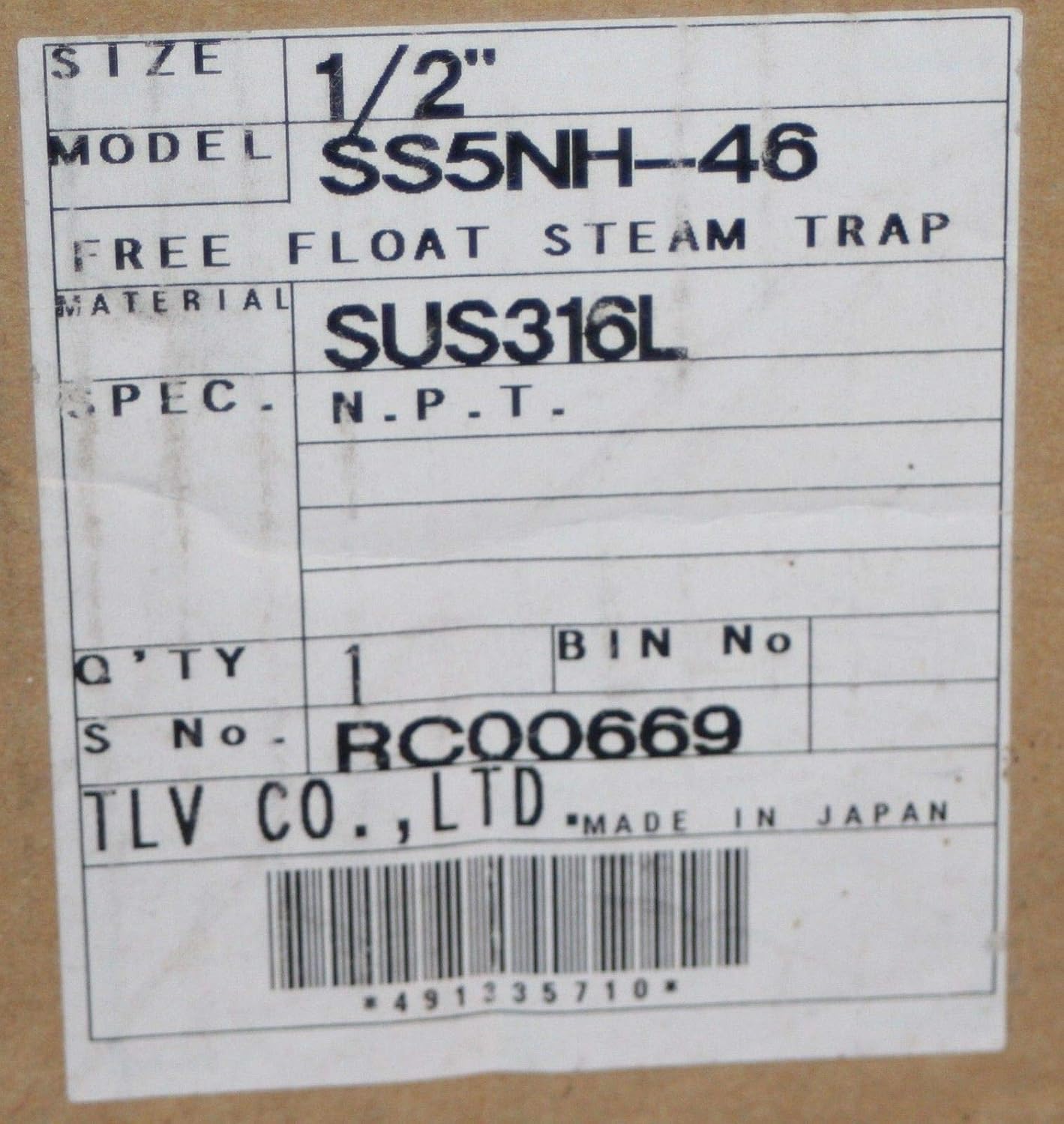 1/2" NPT Free Float Steam Trap SUS316L 650 Psi/650F TLV SS5NH-46