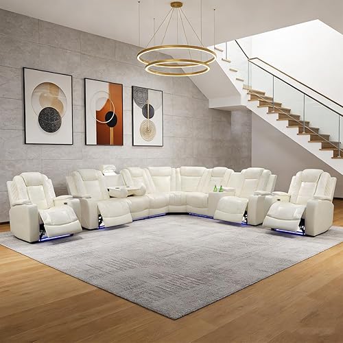 Miniatura 46 de Juego de sofá modular reclinable eléctrico para sala de estar, juego de sofá reclinable de cuero con luces LED / almacenamiento oculto, sofá en