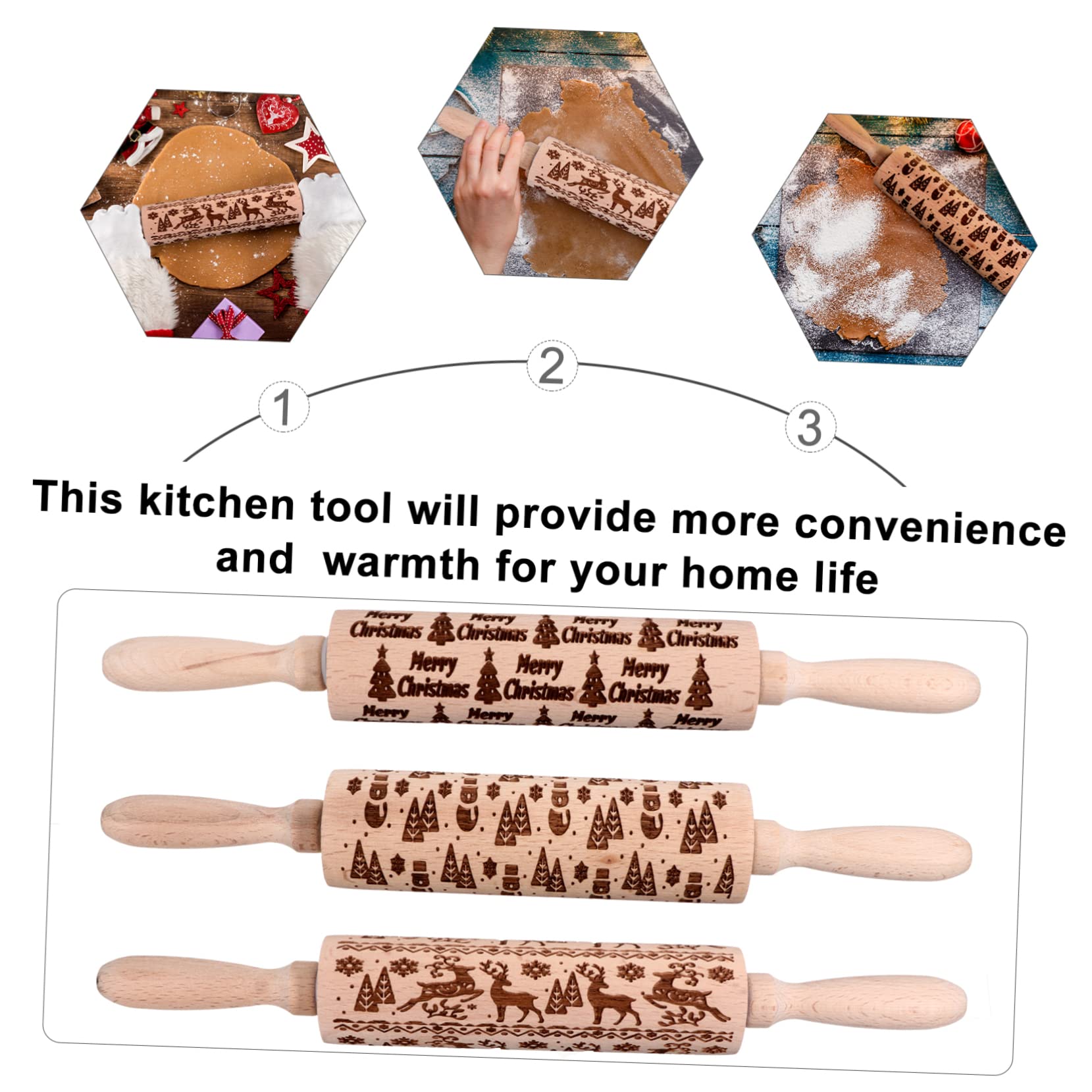 Mikinona Rouleau À Pâtisserie en Bois Rouleau À Pâtisserie Décoré De Noël pour La Pâtisserie Maison
