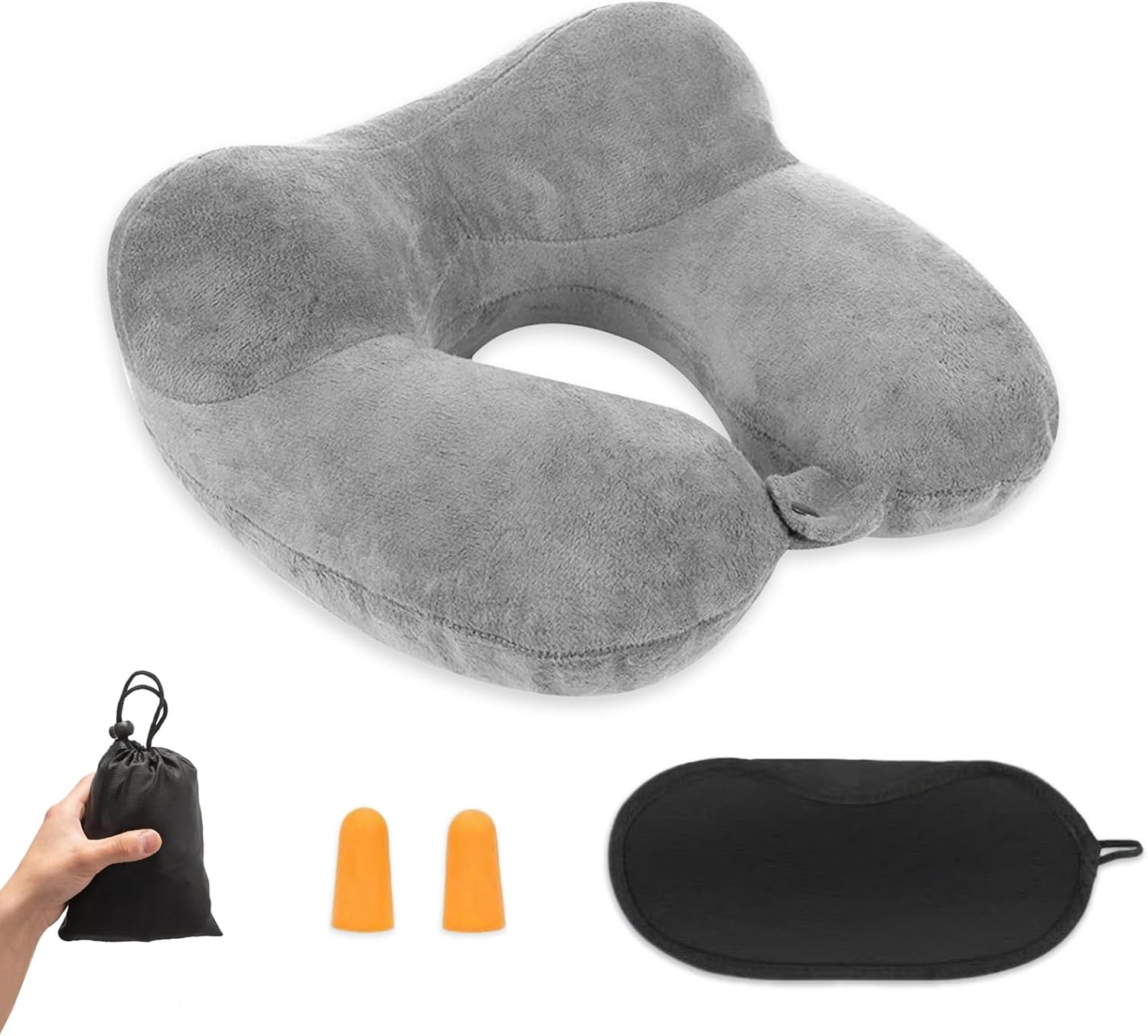 Oreiller de Voyage Gonflable, Compact Coussin de Voyage, Coussin de Voyage Avion Gonflable, Support de Cou en Velours Doux pour l’avion, Le Train, la Voiture et Le Bureau avec Masque pour Dormir, Gris
