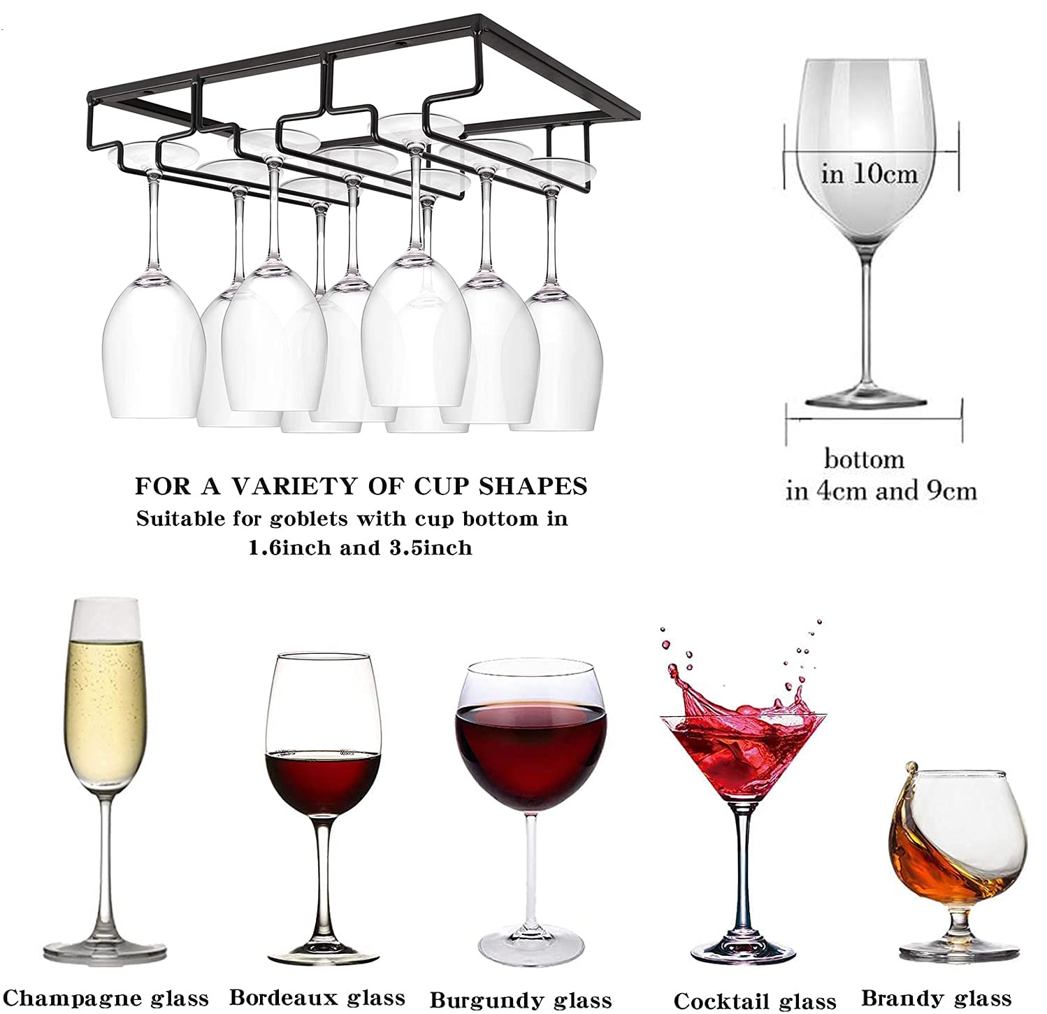 FIAMER Wine Cup Holder Table Decoration Storage Hanger Metal Organizer for Bar Kitchen Stemware Rack Under Cabinet Stainless Steel Hanger Storage Shelf Black (Black, 3 Rows 2 Packs)