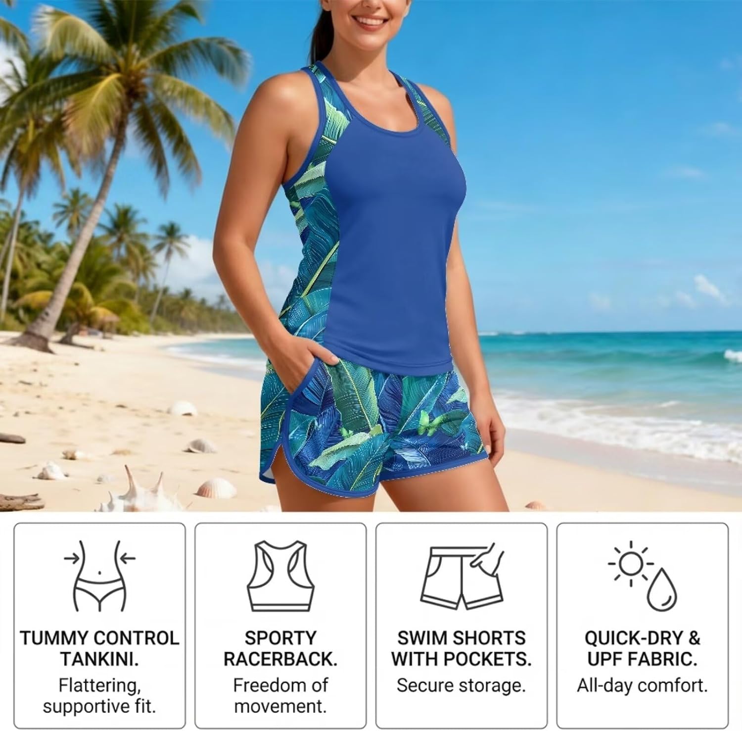 Womens Tankini Swimsuit with Sporty Pockets Shorts Two Piece Bathing Suit for Beach Pool Vacation Size S-6XL