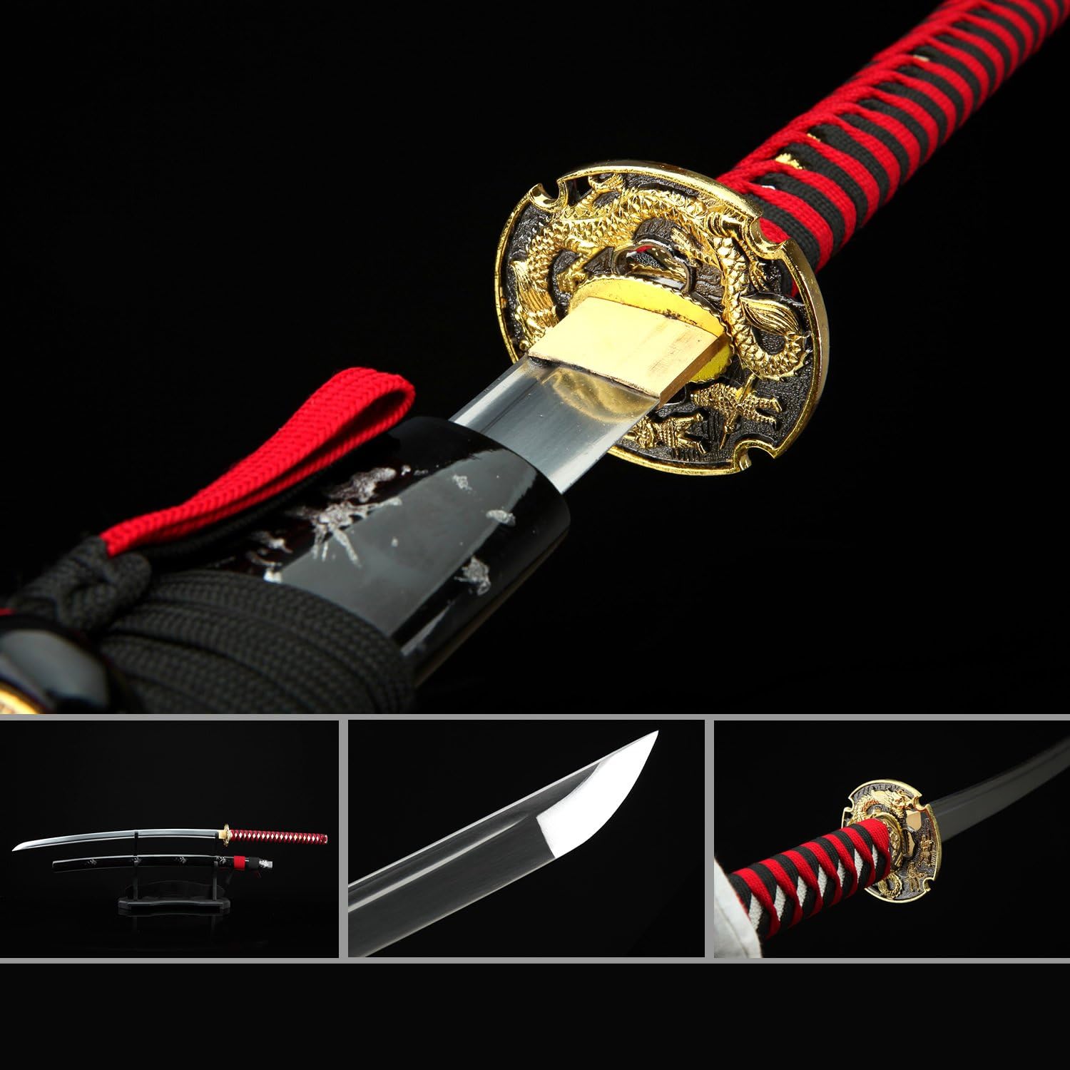 Platinum Quality Fully Handmade Japanese Katana Samurai Sword (Red Handle-Golden Dragon)