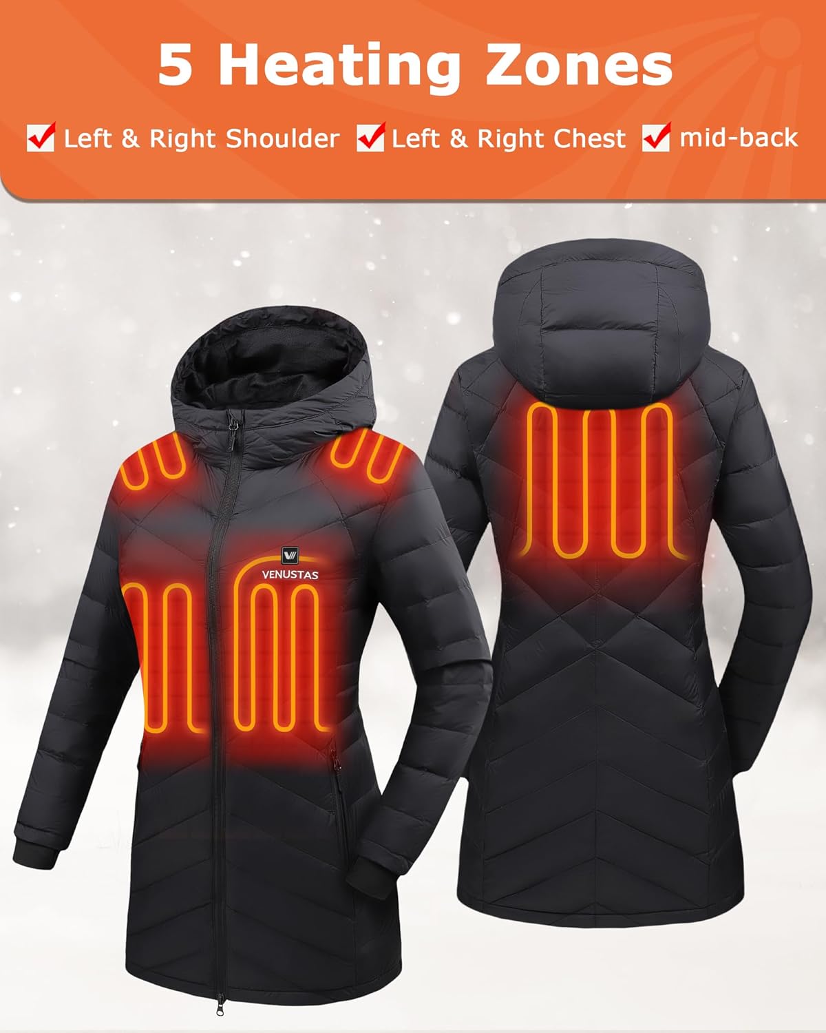 Venustas Women‘s Long Heated Jacket with Battery Pack, 100% Recycled Quilted Electric Puffer Winter Coat with Hood - Image 3