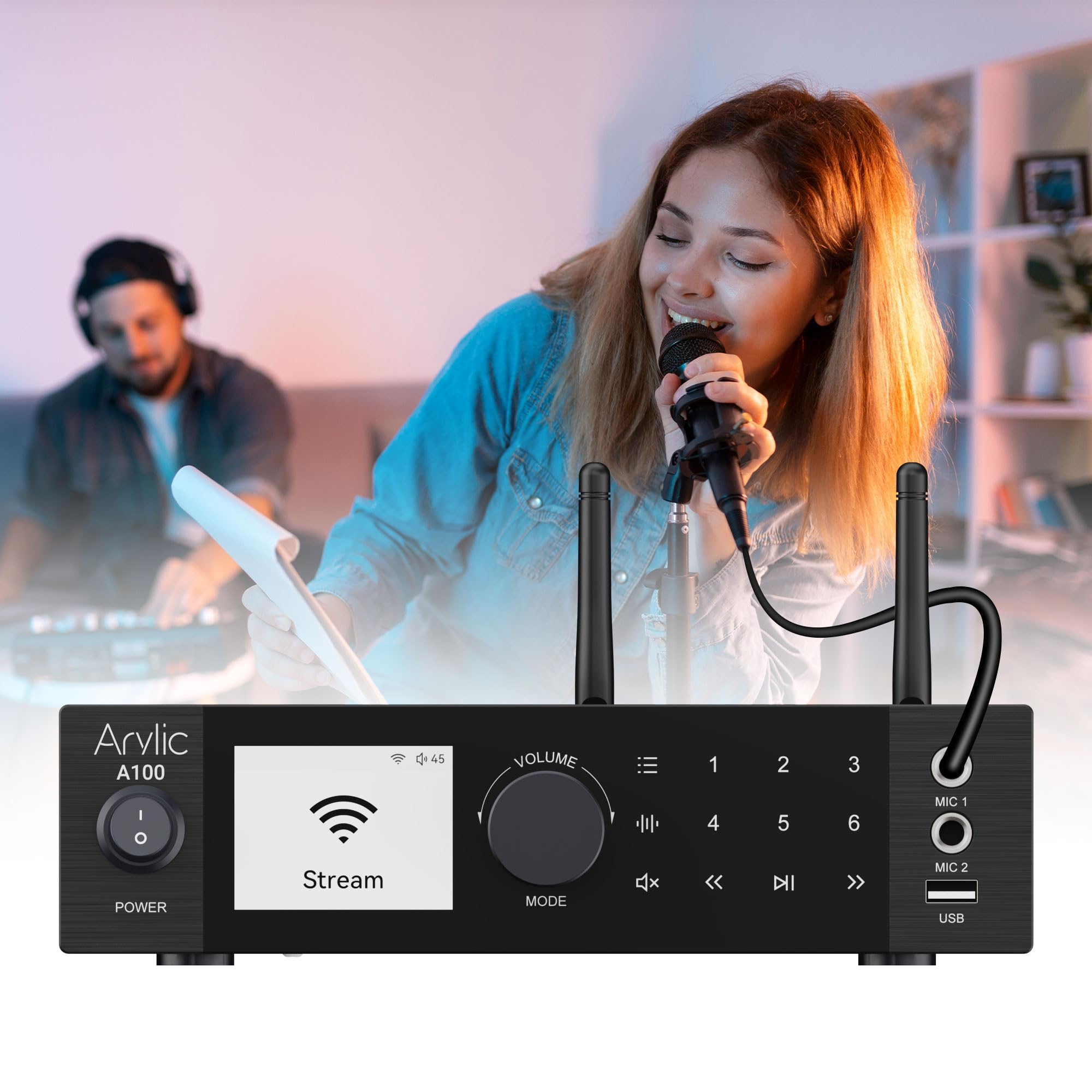Amplificatore HiFi digitale wireless Arylic A100 con radio FM, ricevitore audio WiFi e Bluetooth da 100 W × 2, compatibile con AirPlay, Spotify Connect, ideale per KTV, home theater e trasmissioni.