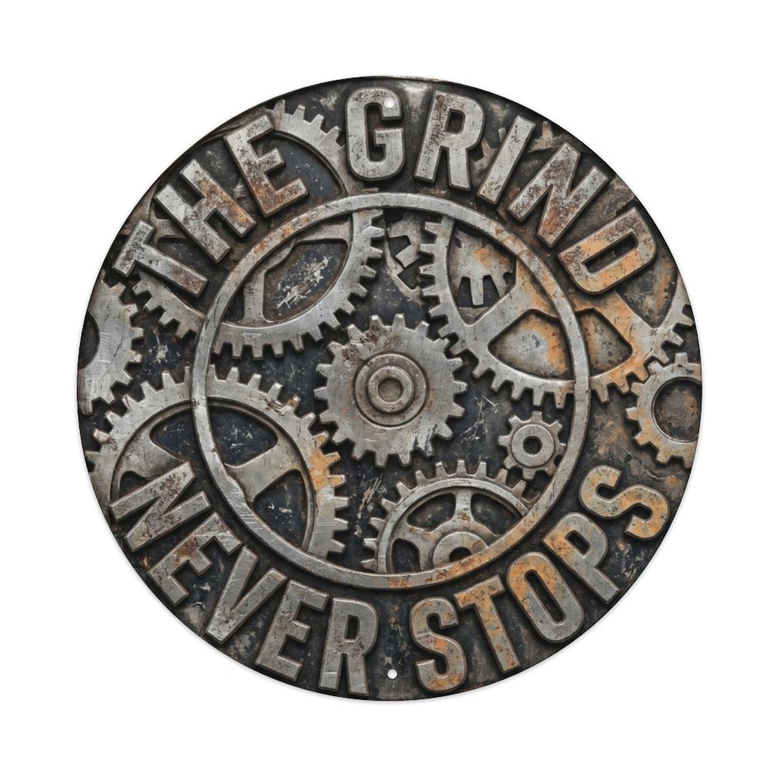 Fqcyn Style Grind Never Stops Vintage Indoor Ornament Retro Slogans Metal Tin Sign Plaque Wall Decor For Cafe, Club Bar, Office, Home Garden Round Metal Poster 8X8inch