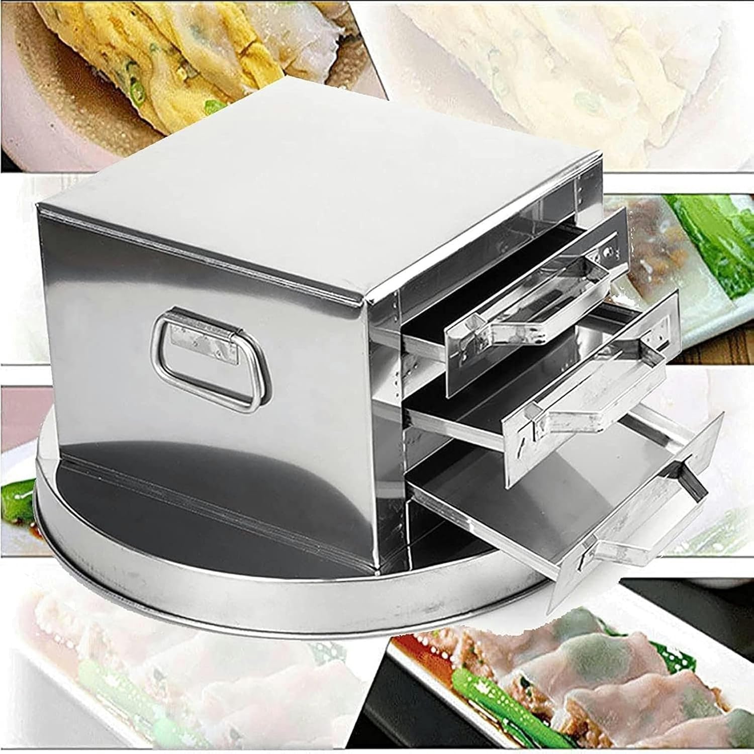 Rice Noodle Rolls Machine, Stainless Steel Drawer Cooker Set, 3 Layer Steamer, 53cm*53cm*34cm Food Steaming Machine for Home Kitchen (Size : 36cm*30cm*23cm)